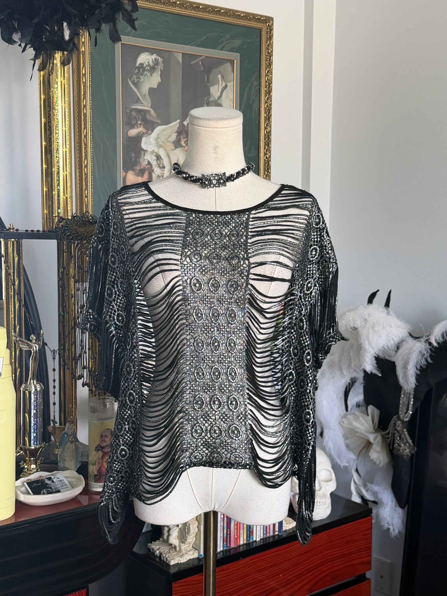 Metallic Open Knit Crochet Fringe Top | Sheer Layering Piece | S-L