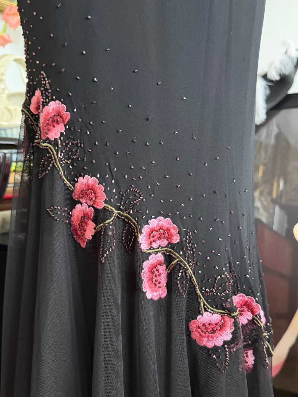 Vintage XSCAPE 100% Silk Black Pink Floral Beaded Gown