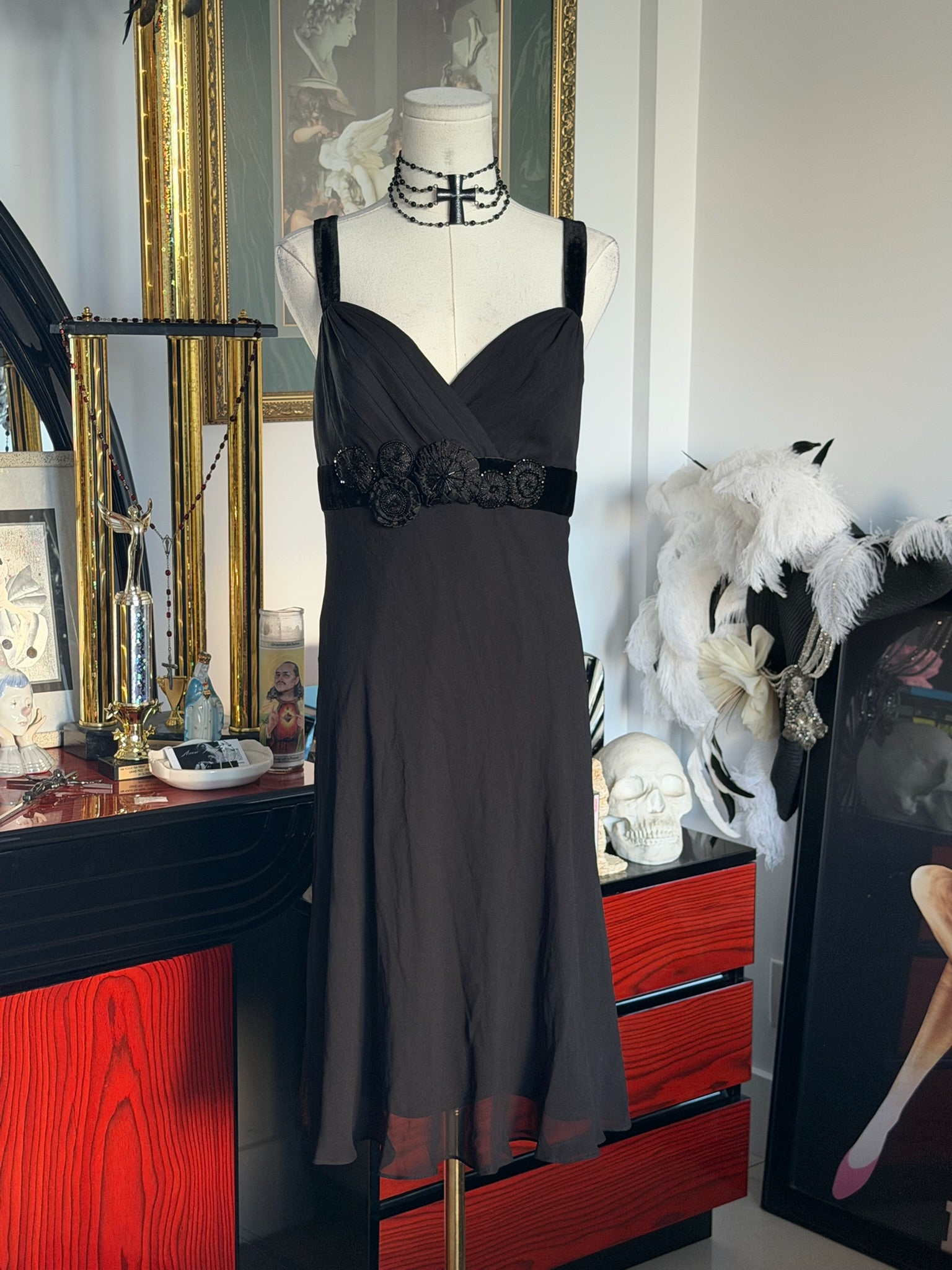 Nine West 100% Silk Black Cocktail Dress | Velvet Trim | Size 8
