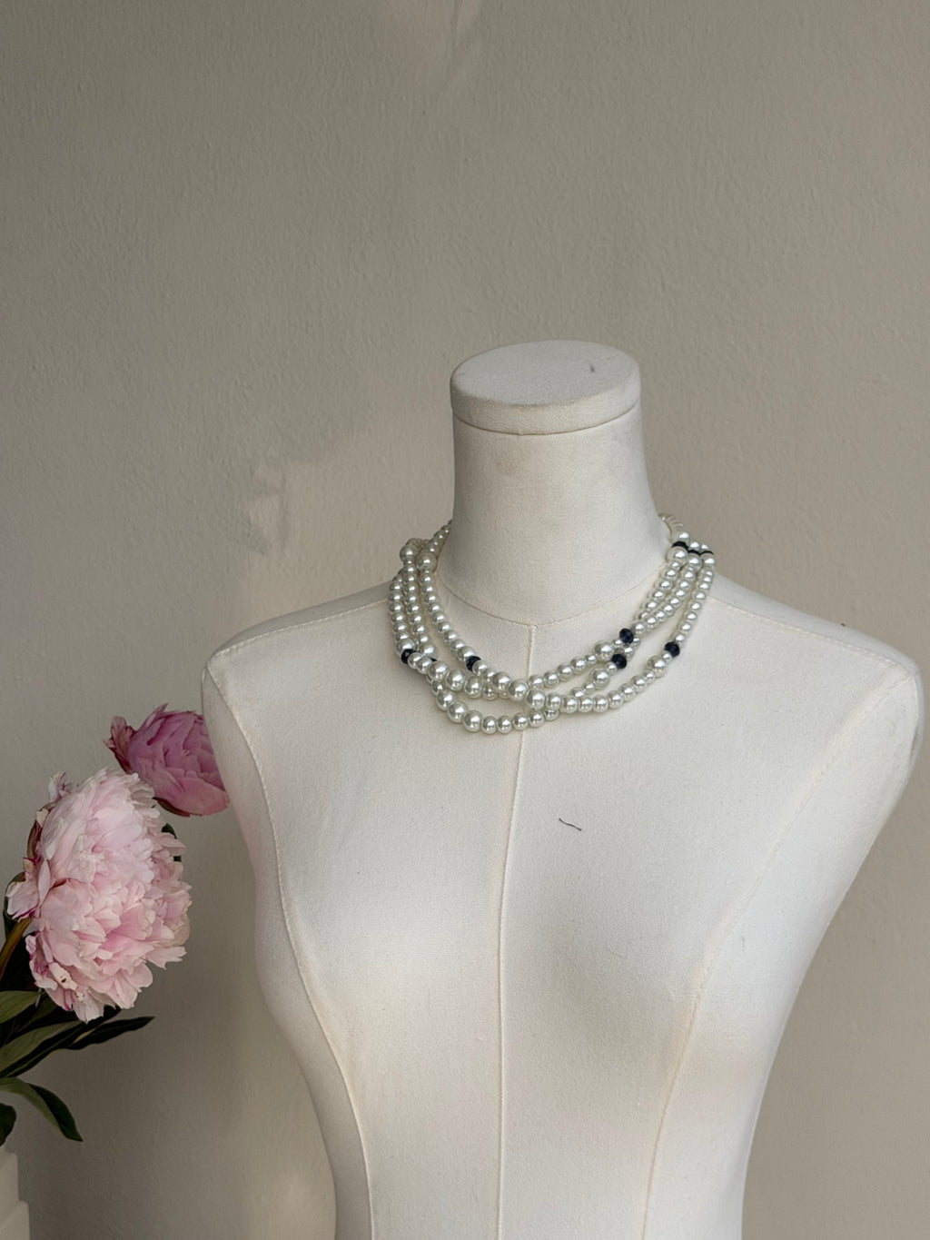 Vintage Multi-Strand Pearl Necklace with Black Crystal Accents