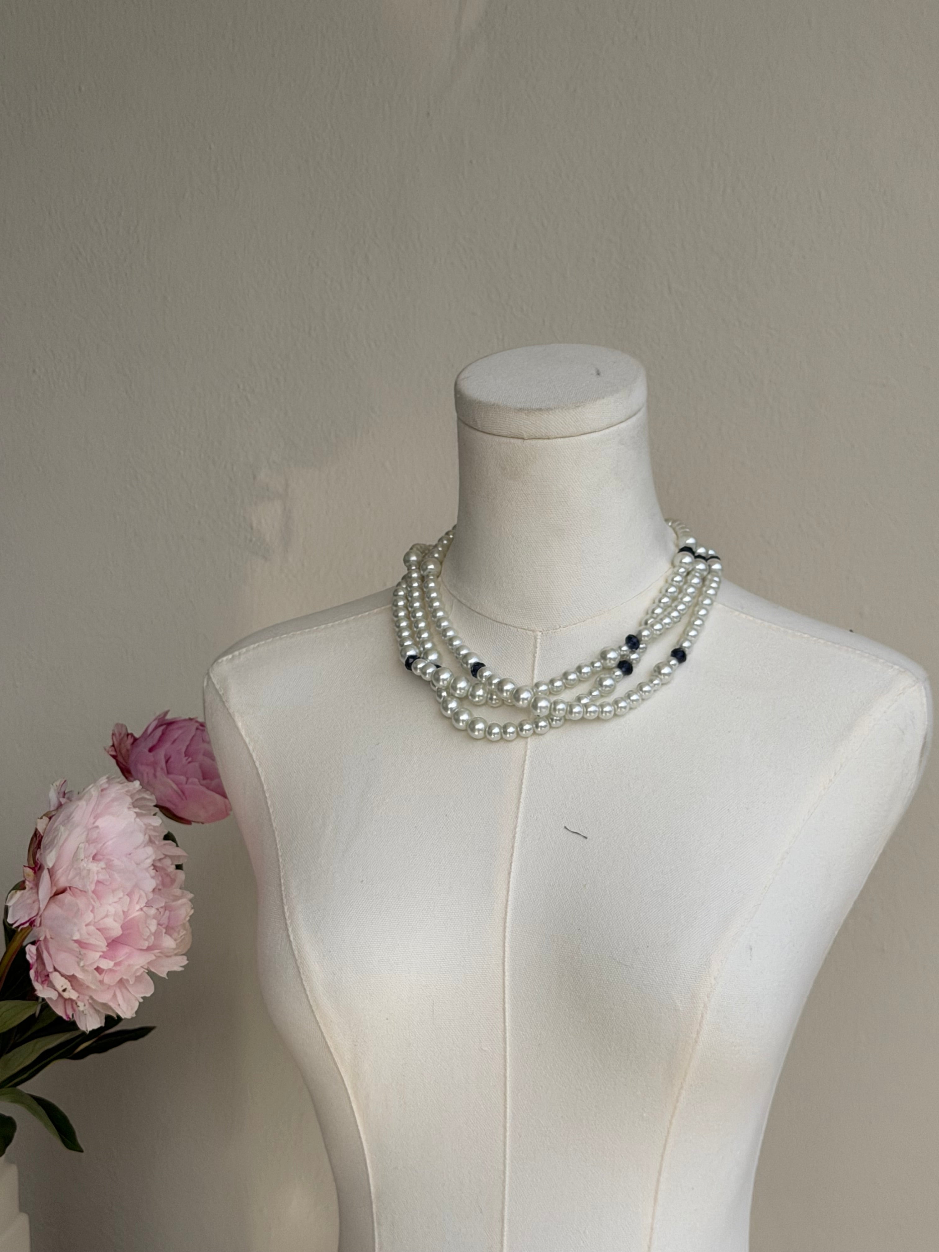 Vintage Multi-Strand Pearl Necklace with Black Crystal Accents