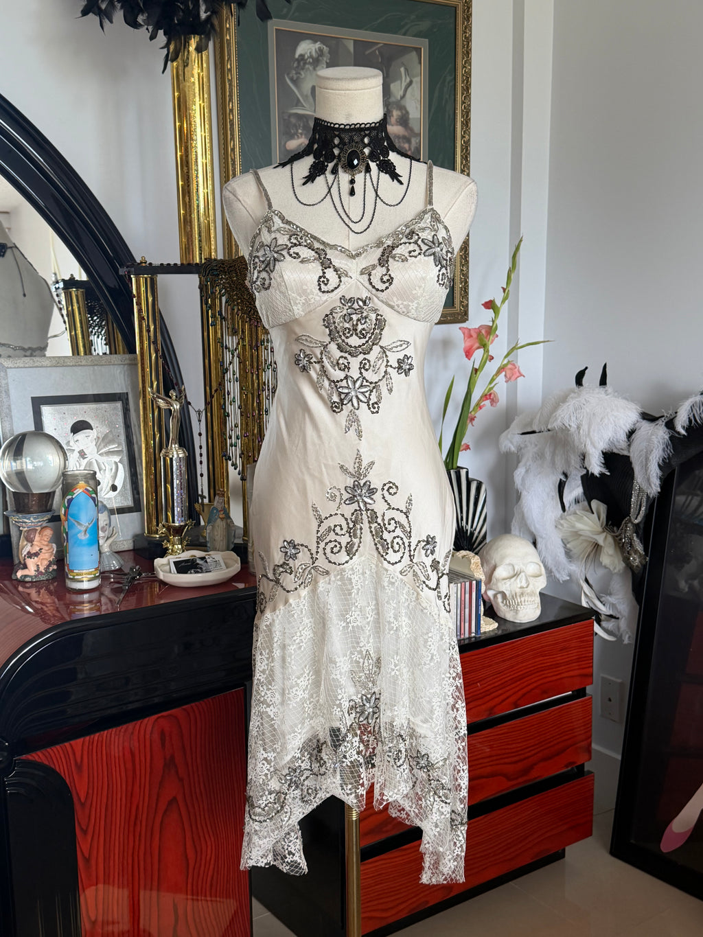 Vintage Sue Wong  Ivory Silk Beaded Lace Dress