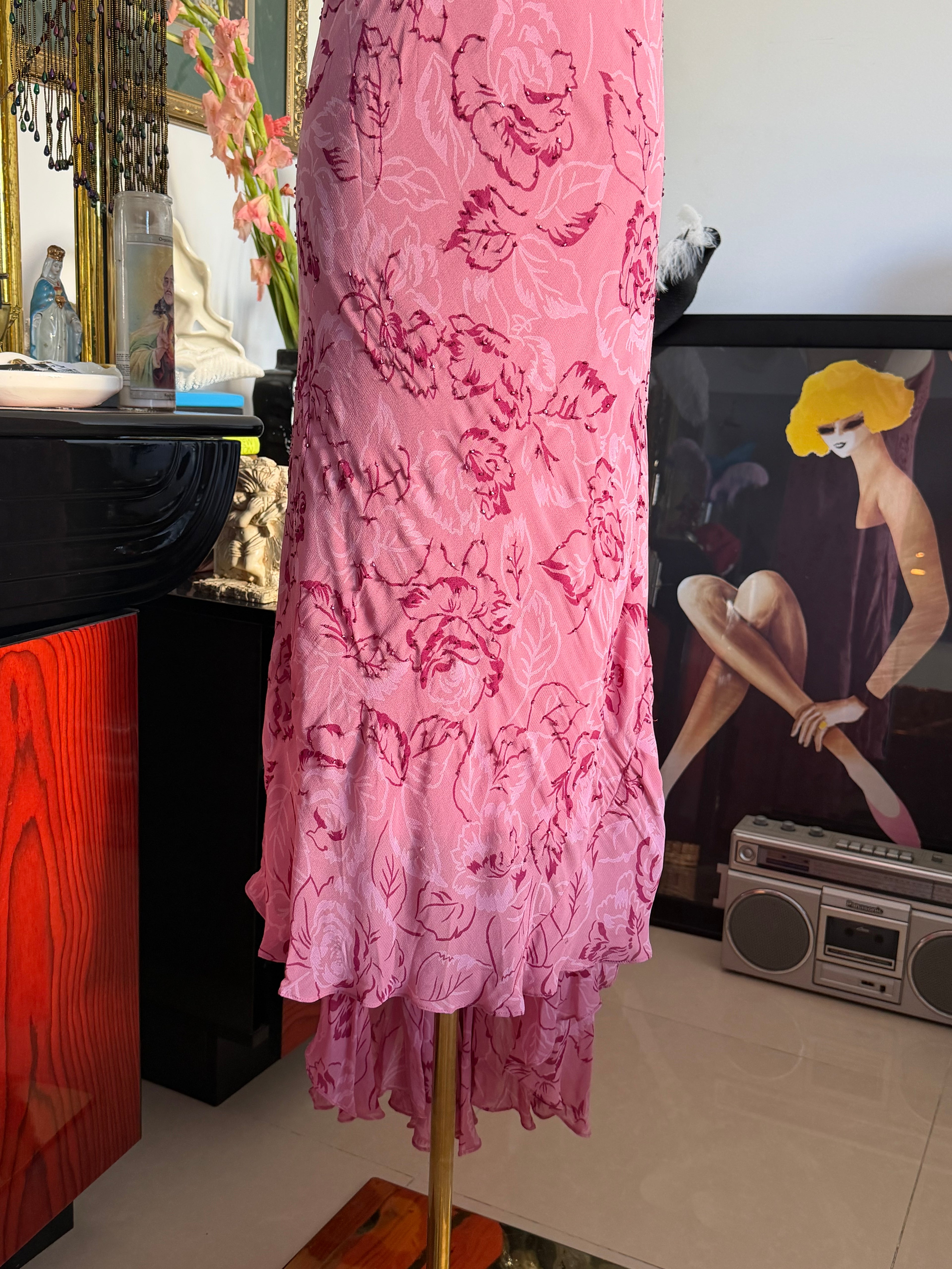 Eva Blue Pink Beaded Floral High-Low Maxi Dress L-XL