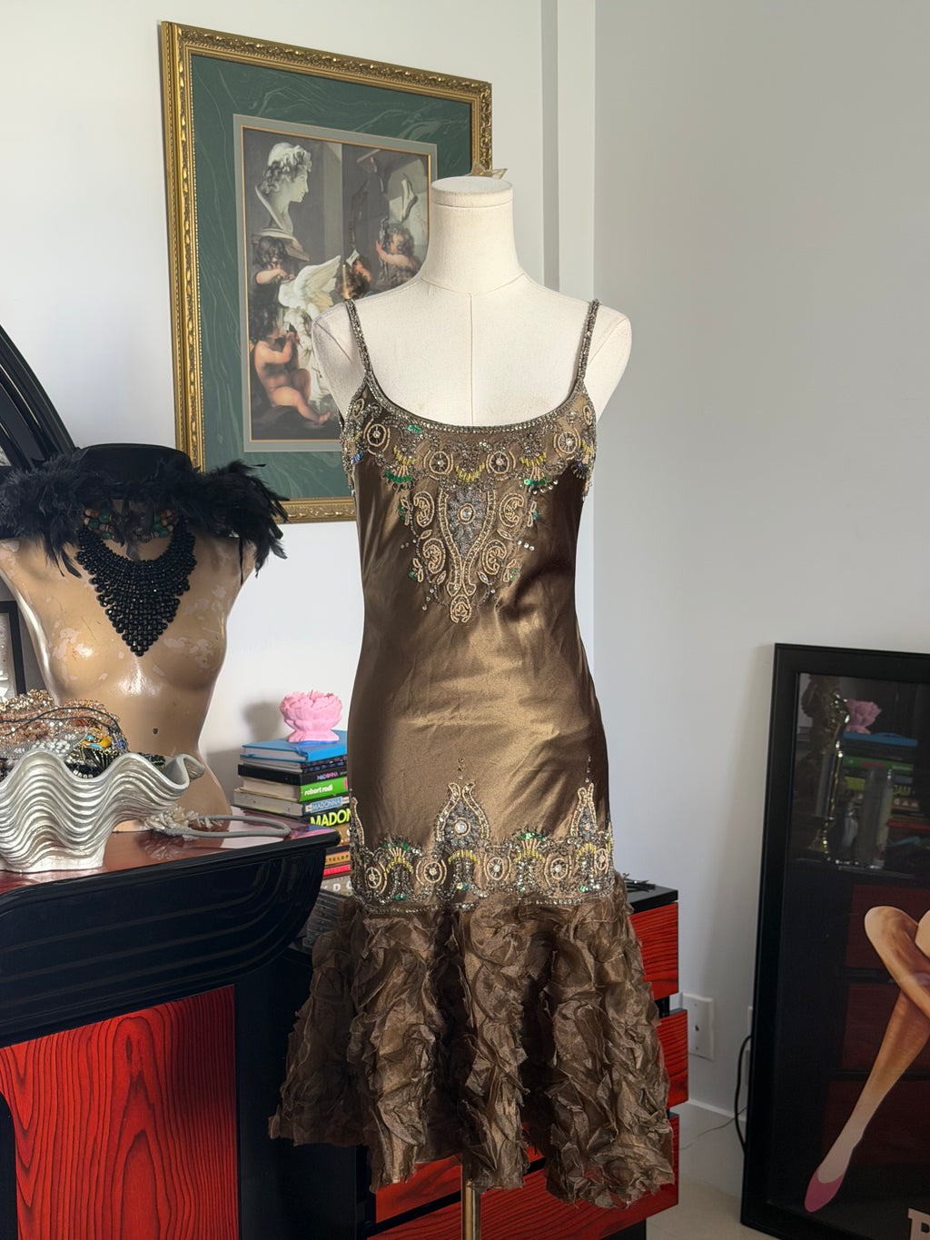 Sue Wong Bronze Beaded
Ruffle Dress