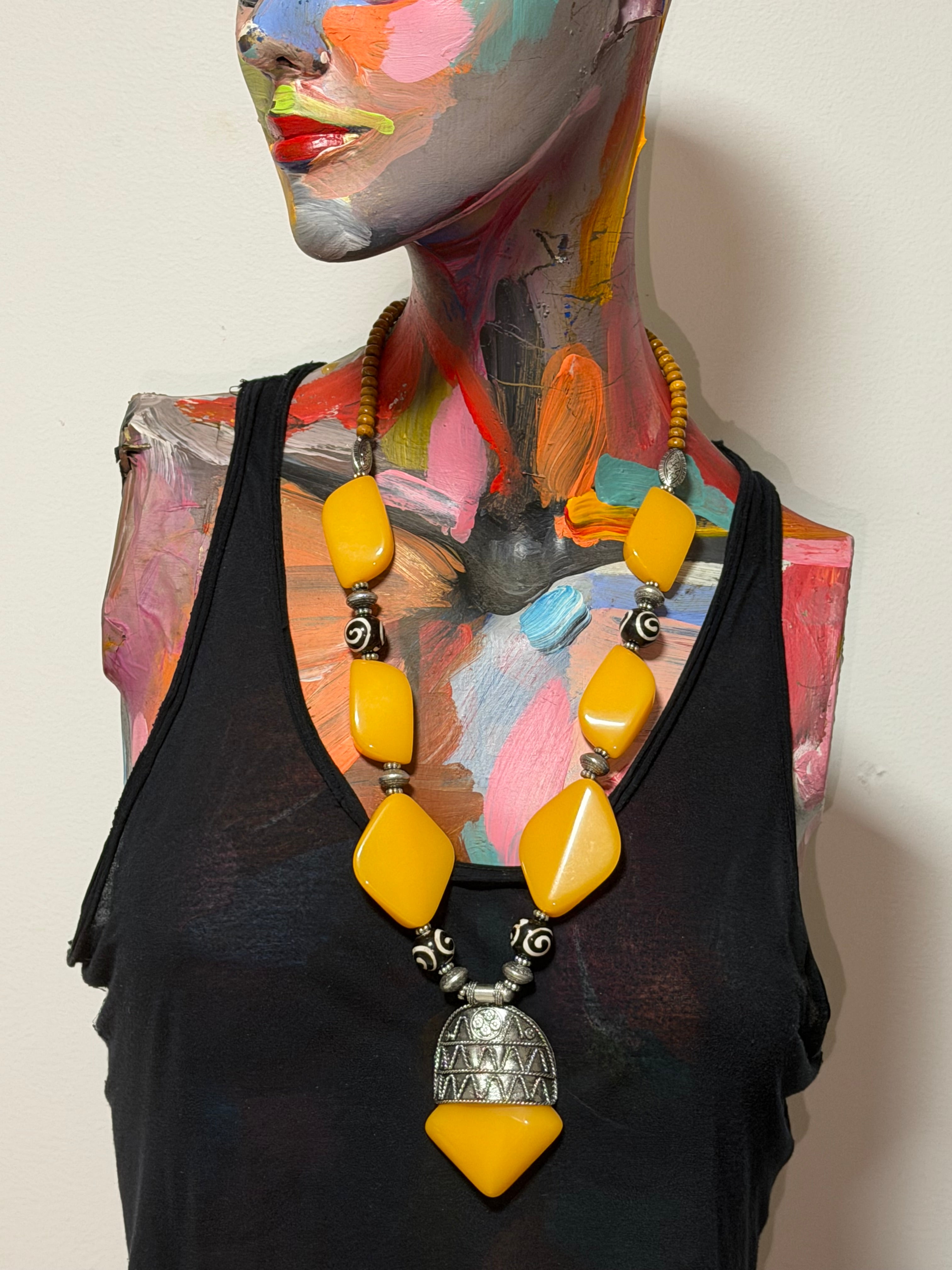 Vintage Mustard Resin & Tribal Statement Pendant Necklace