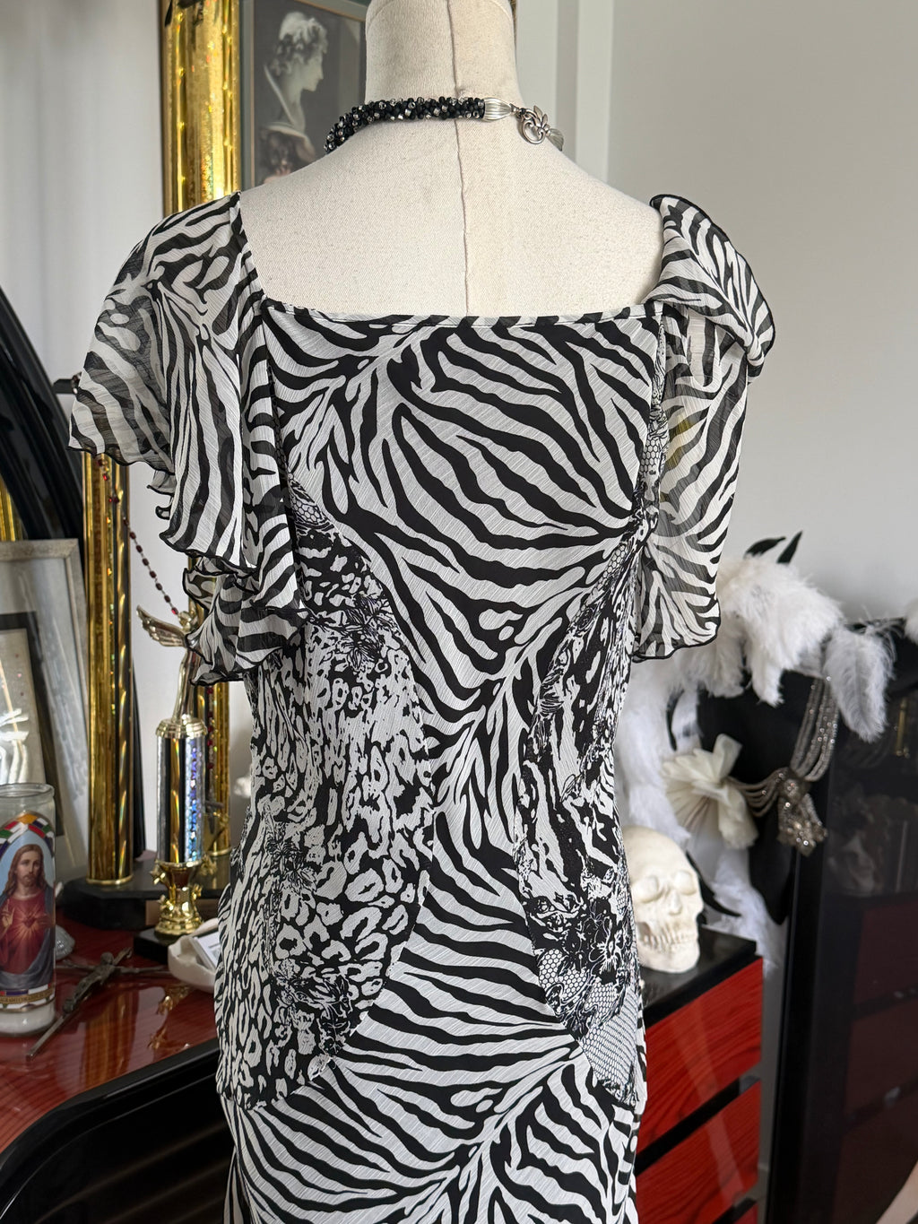 Address Black & White Zebra Print Flutter Sleeve Dress | Animal Print Midi Dress | Size 12