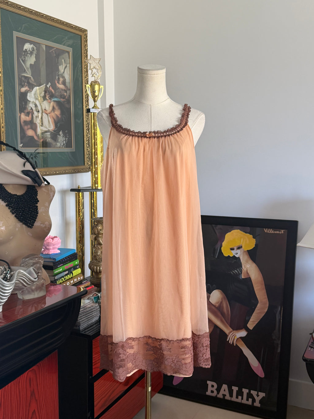 Vintage Made in USA Peach Chiffon Lace Slip Dress