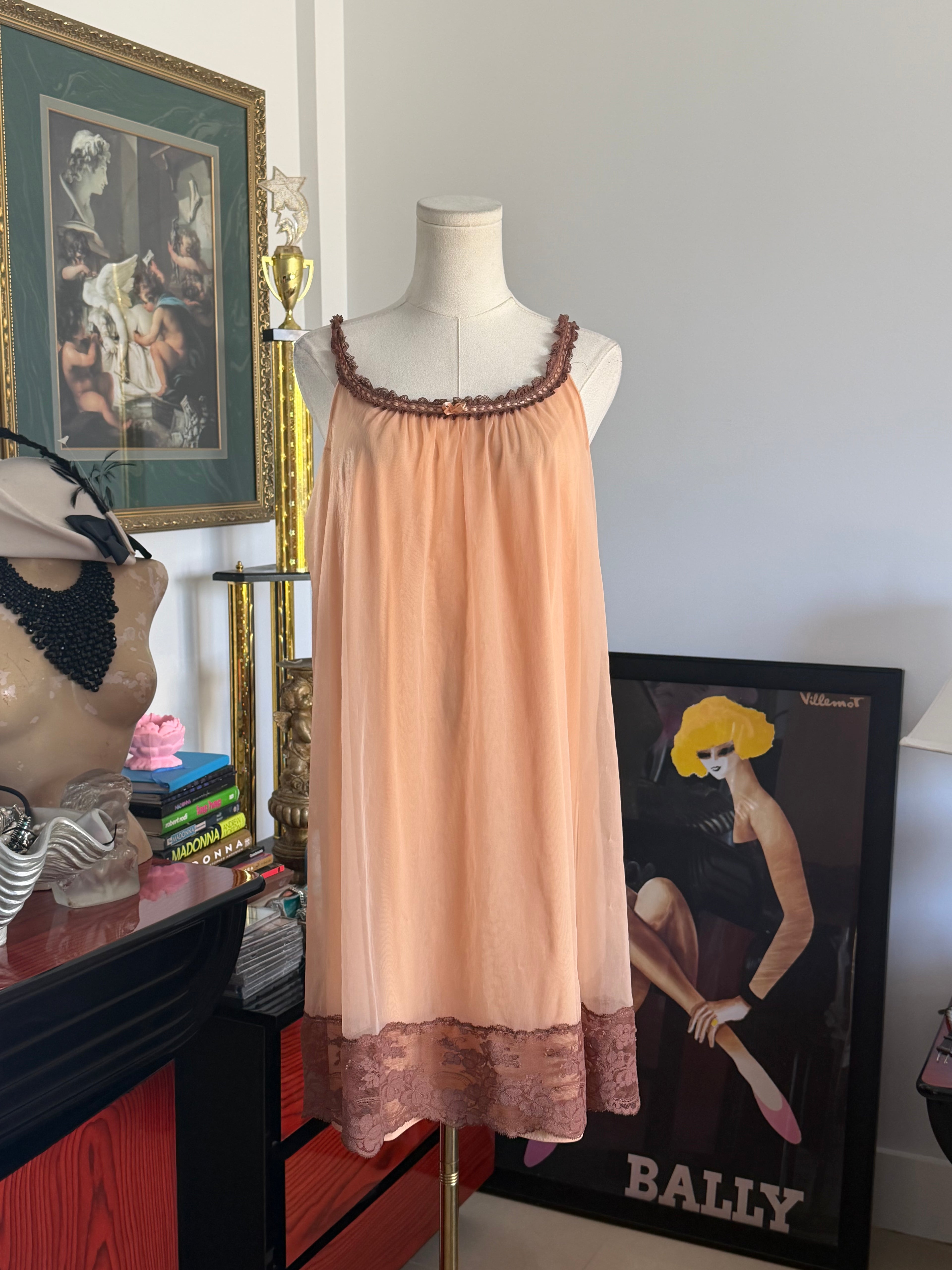 Vintage Made in USA Peach Chiffon Lace Slip Dress