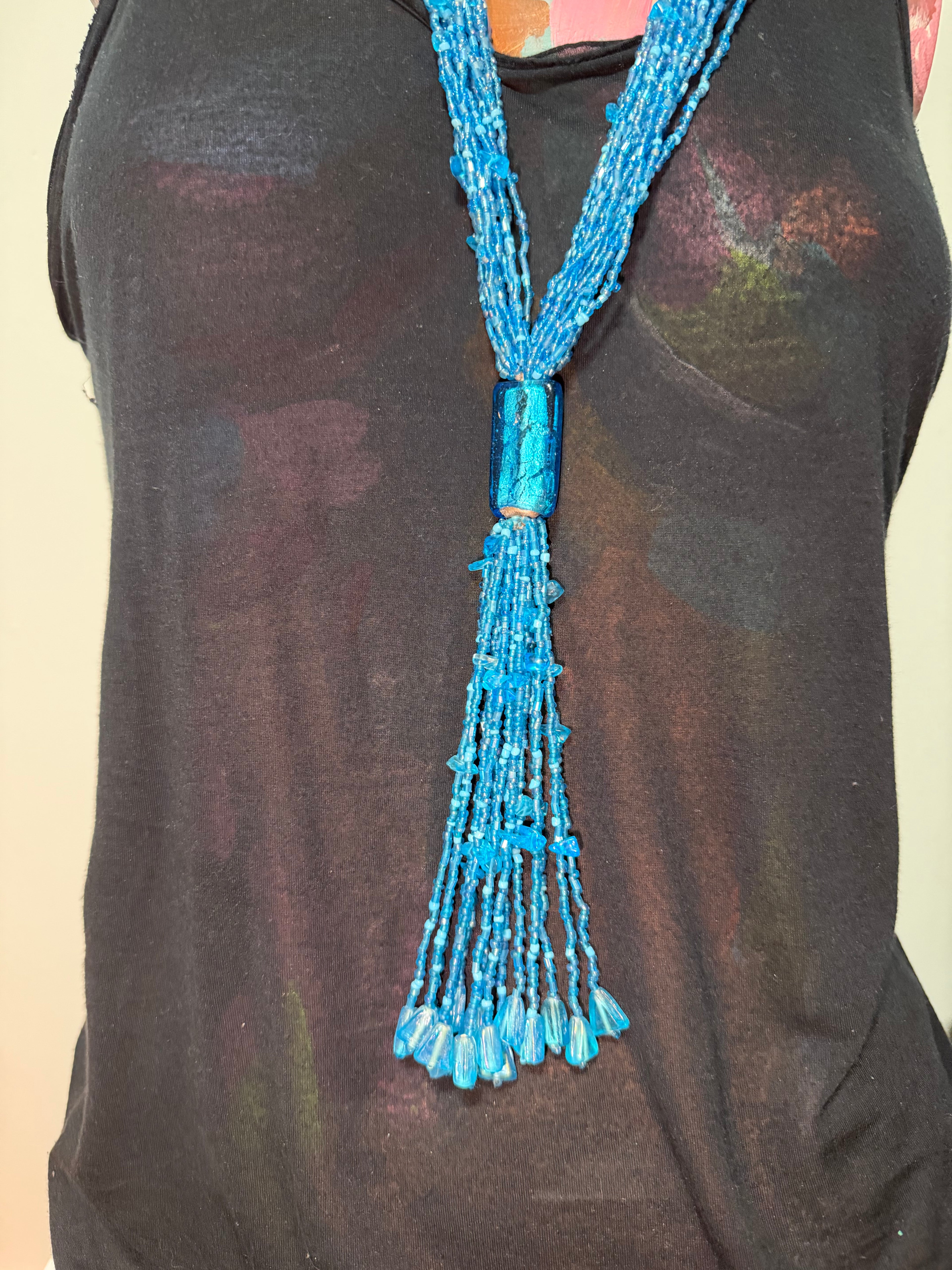 Vintage Cerulean Oracle Beaded Tassel Necklace