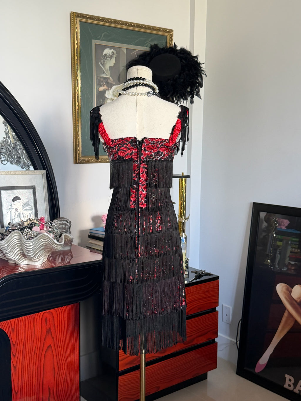 Vintage Morgan & Co. Black Fringe & Red Sequin Dress