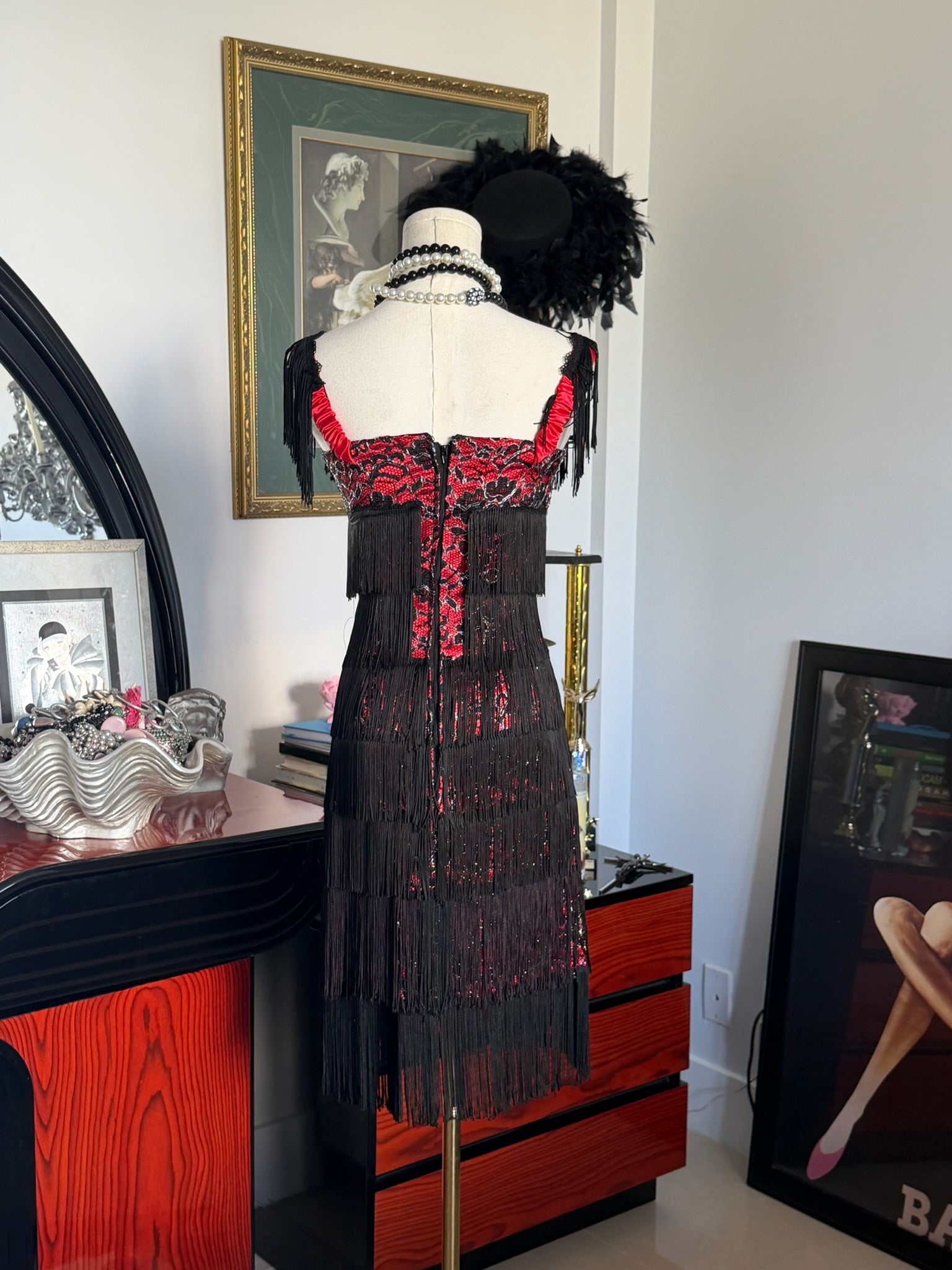 Vintage Morgan & Co. Black Fringe & Red Sequin Dress