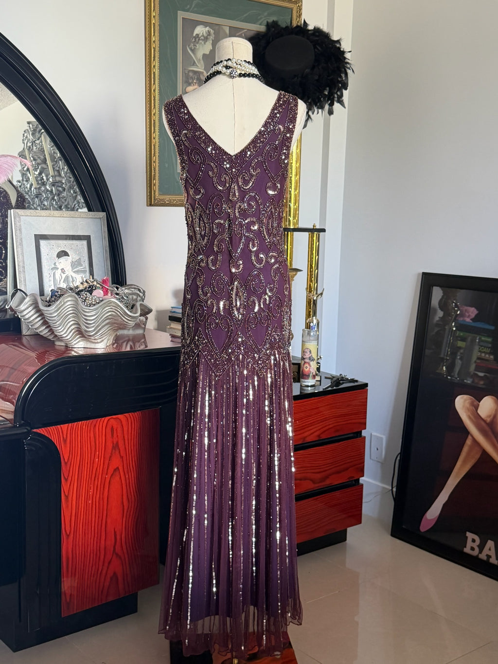 Pisarro Nights Hand-Beaded Plum Art Deco Evening Gown