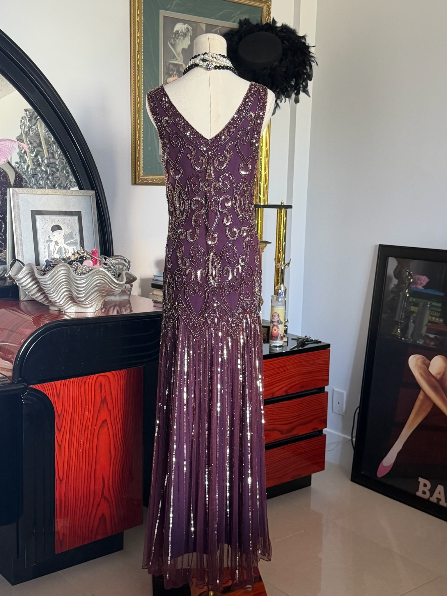 Pisarro Nights Hand-Beaded Plum Art Deco Evening Gown