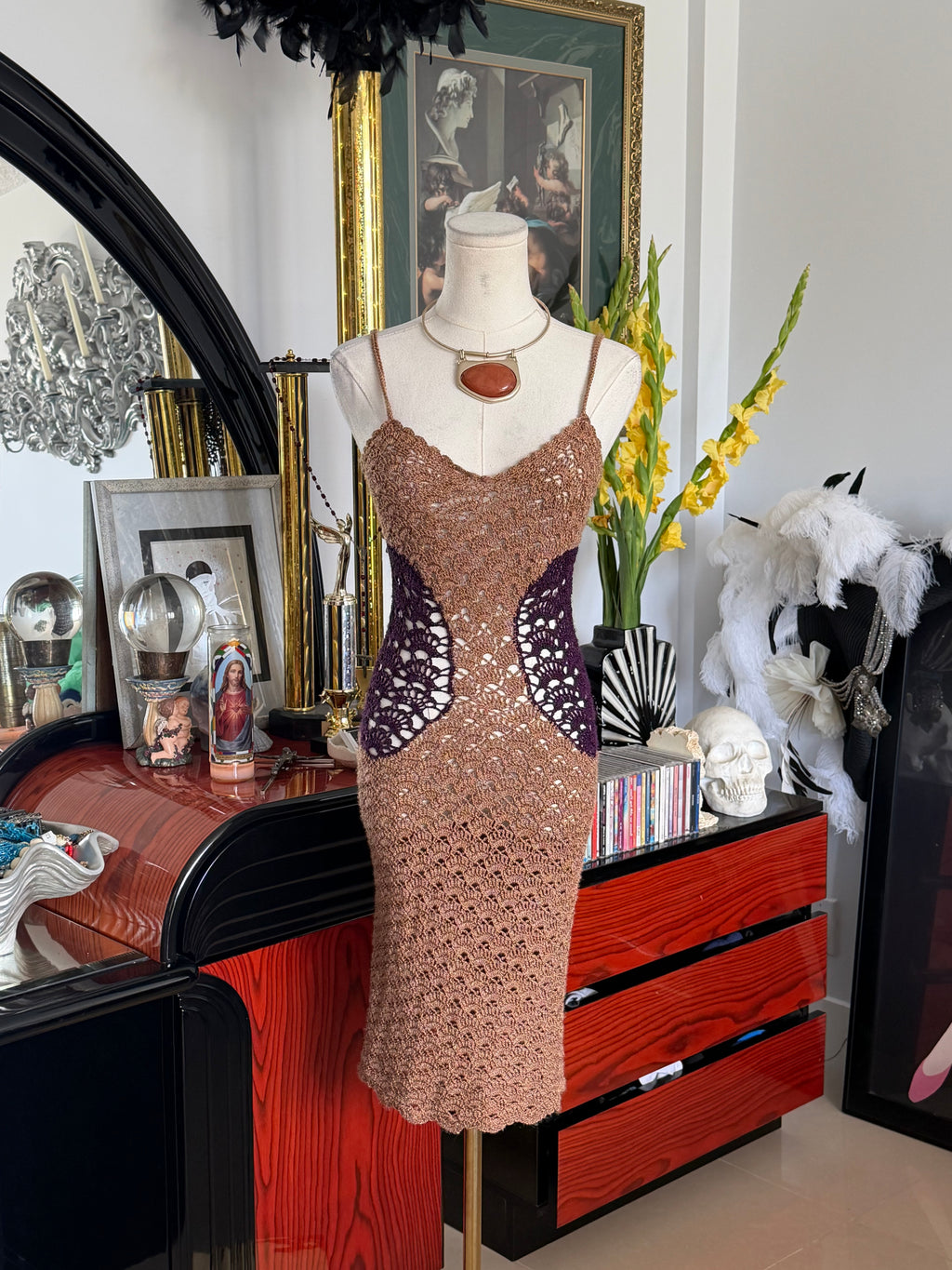 A.TEEN Brown & Plum Crochet Bodycon Midi Dress