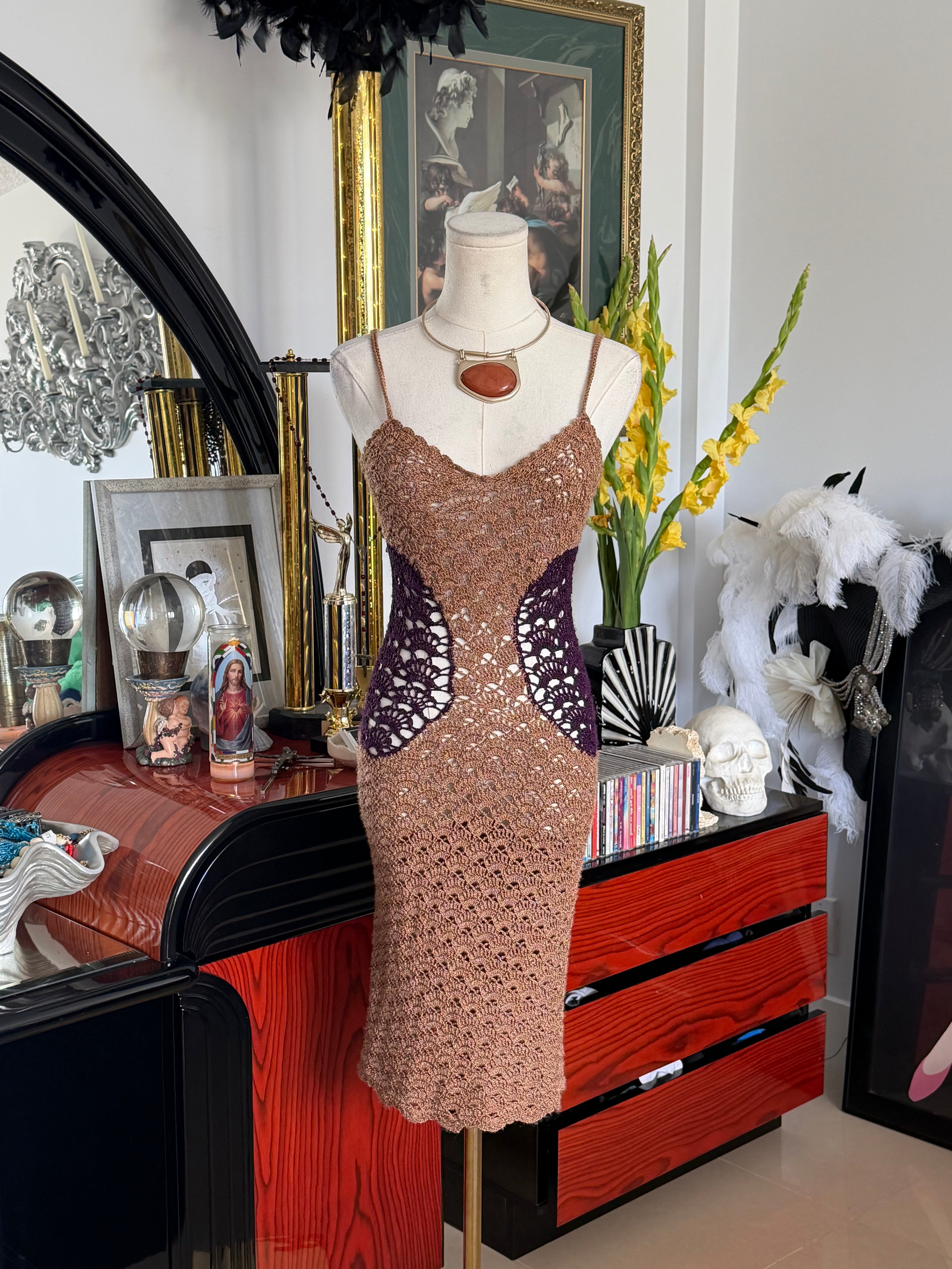 A.TEEN Brown & Plum Crochet Bodycon Midi Dress