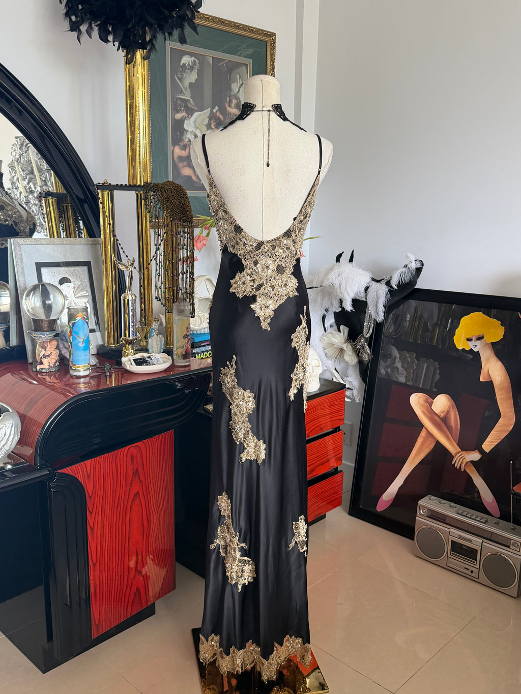 Vintage Caché Black & Gold Embellished Lace Evening Gown