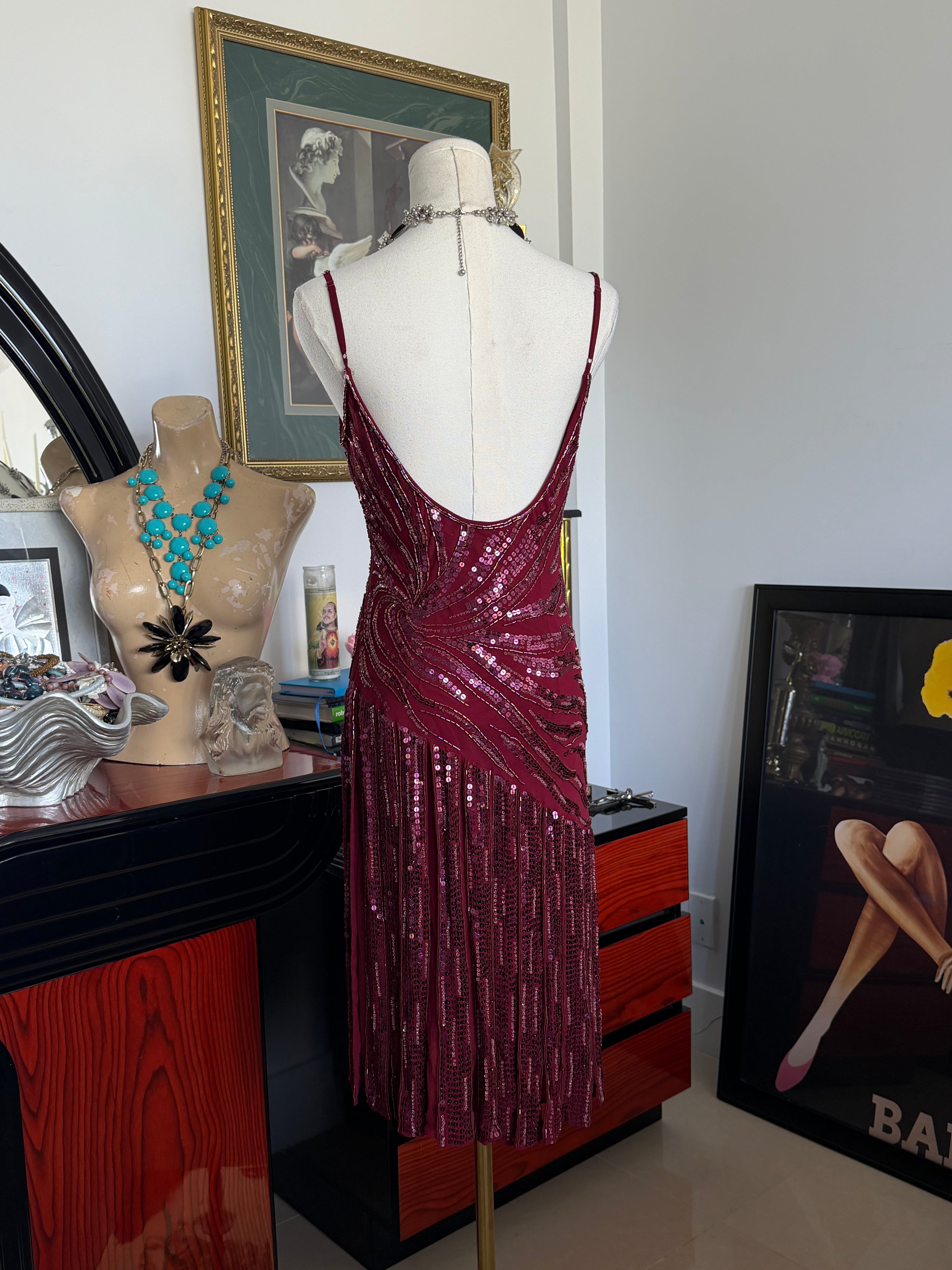 Vintage Sue Wong Burgundy Silk Beaded Cocktail Dress – Size 6
