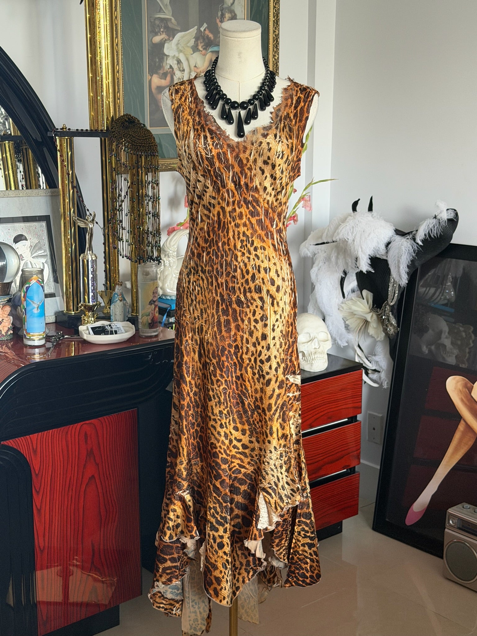 Komarov Leopard Print Crinkle Ruffle Maxi Dress