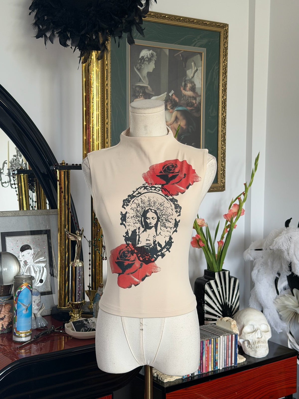Virgin Mary Mock Neck Graphic Top