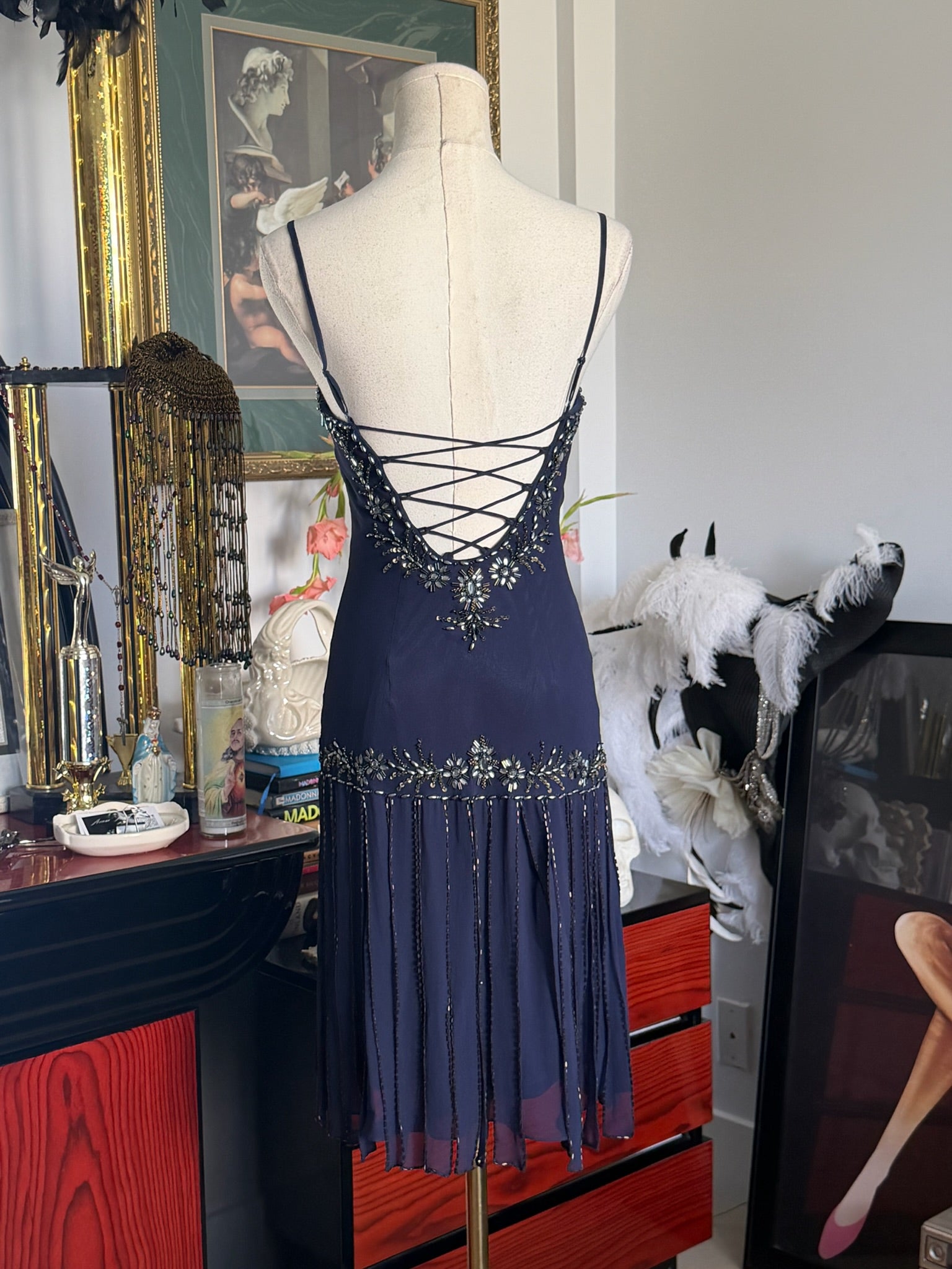 Vintage Sue Wong 100% silk navy beaded dress 2