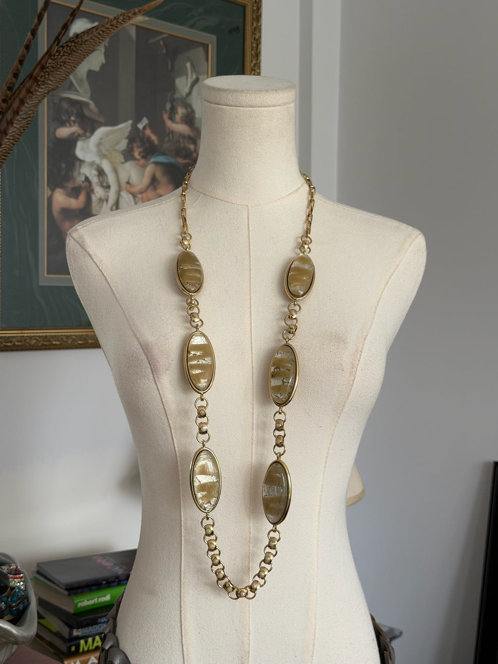 Vintage Gold Oval Stone Link Necklace