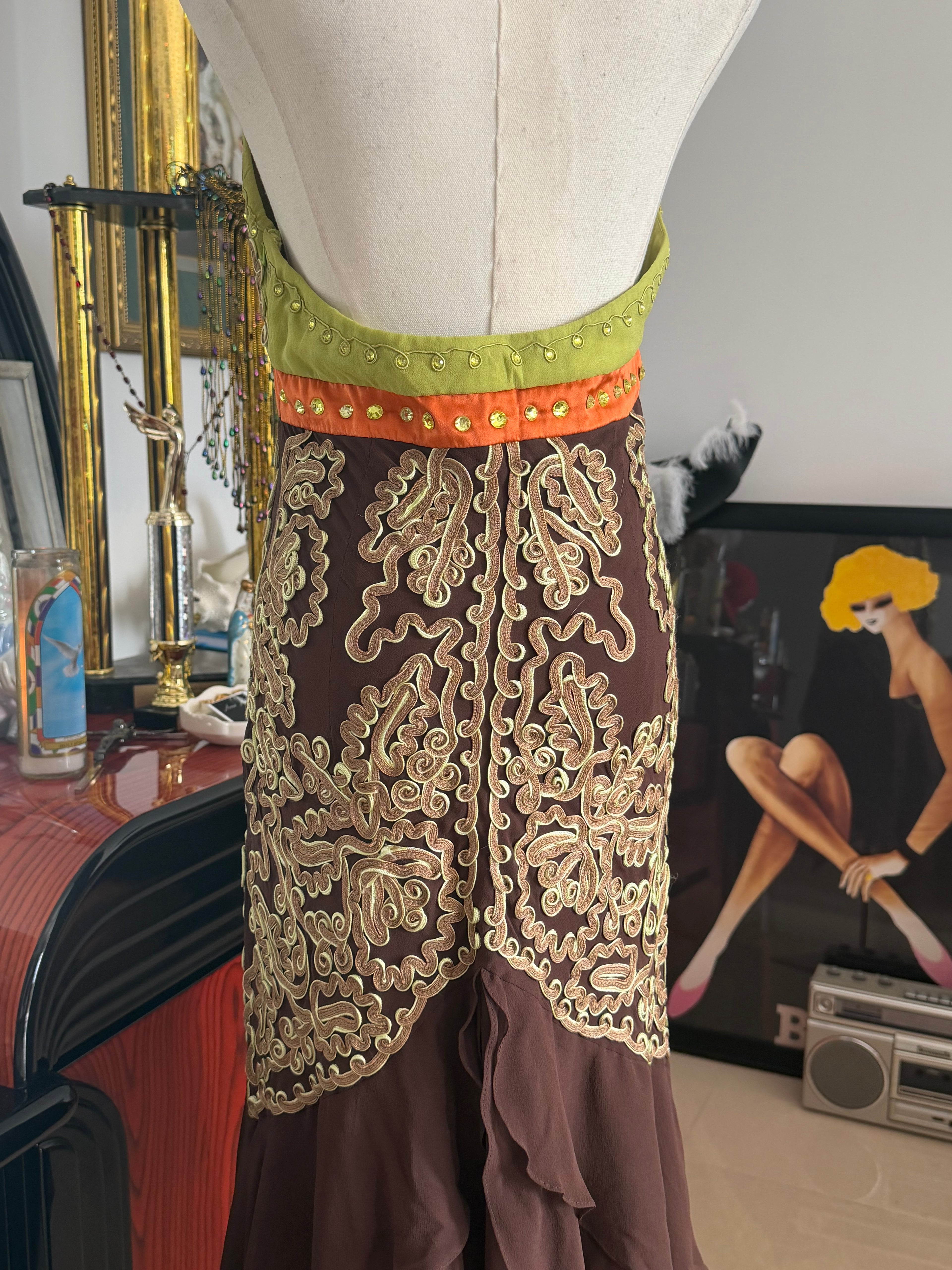 Vintage Sue Wong Couture 100% Silk Embroidered Halter Midi Dress | Size 6