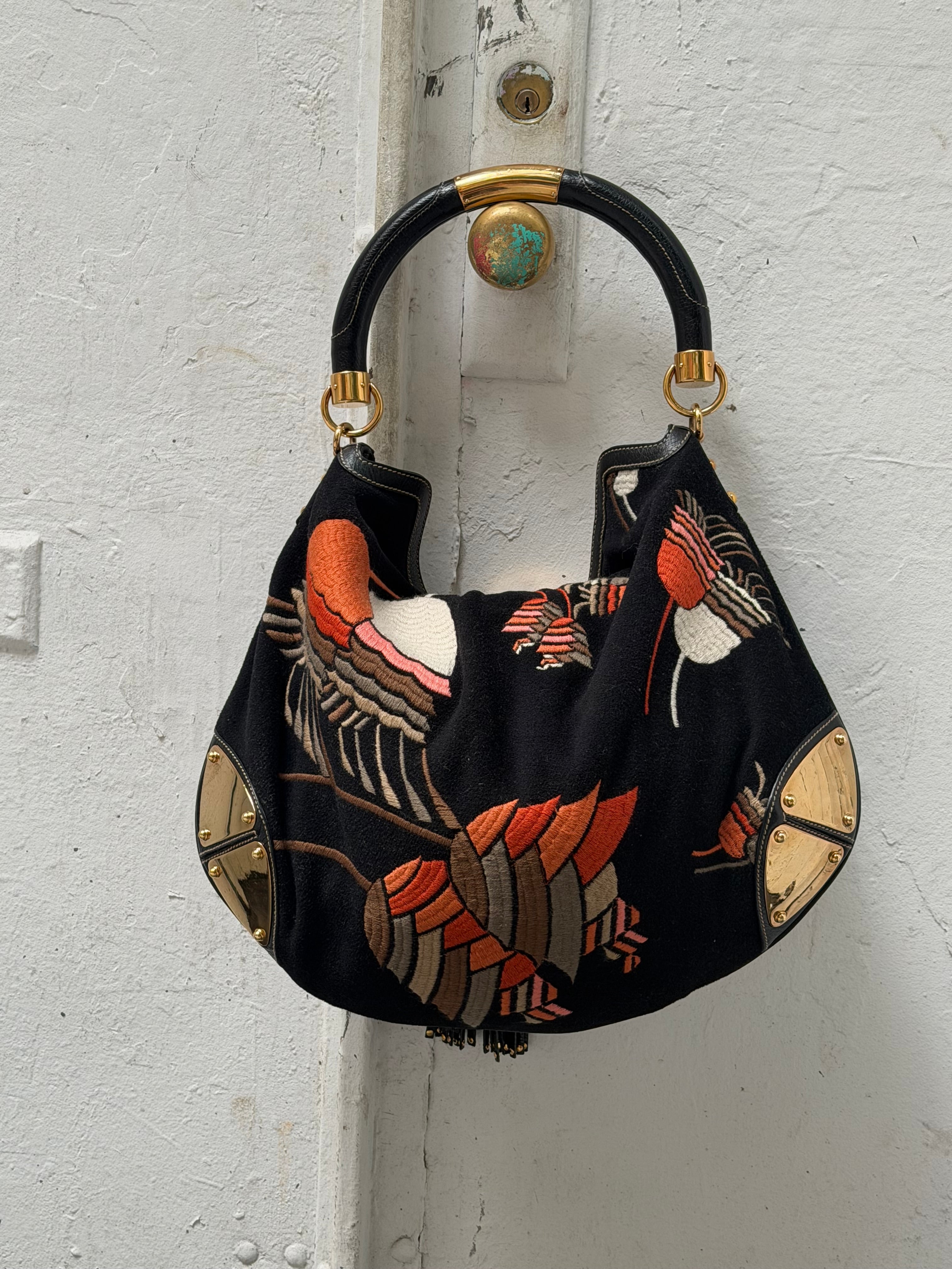 Gucci Fall/Winter Embroidered Velvet Large Indy Hobo Bag