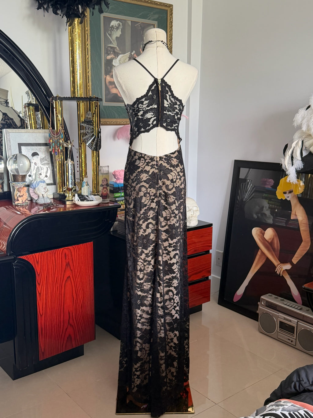 Y2K Black Lace Cutout Maxi Dress | Open Back Evening Gown | Size S