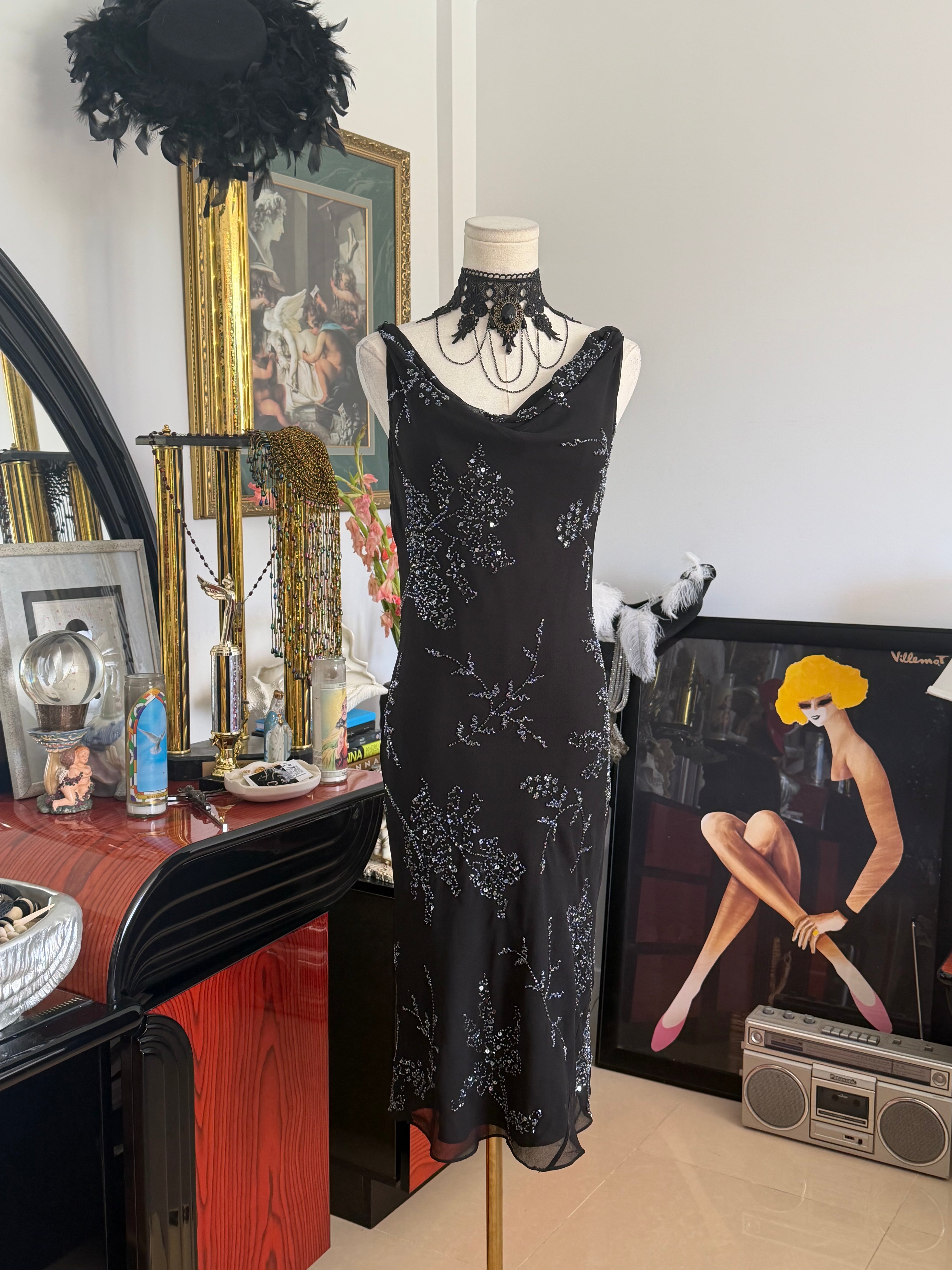Vintage JKARA New York Black Beaded Evening Dress