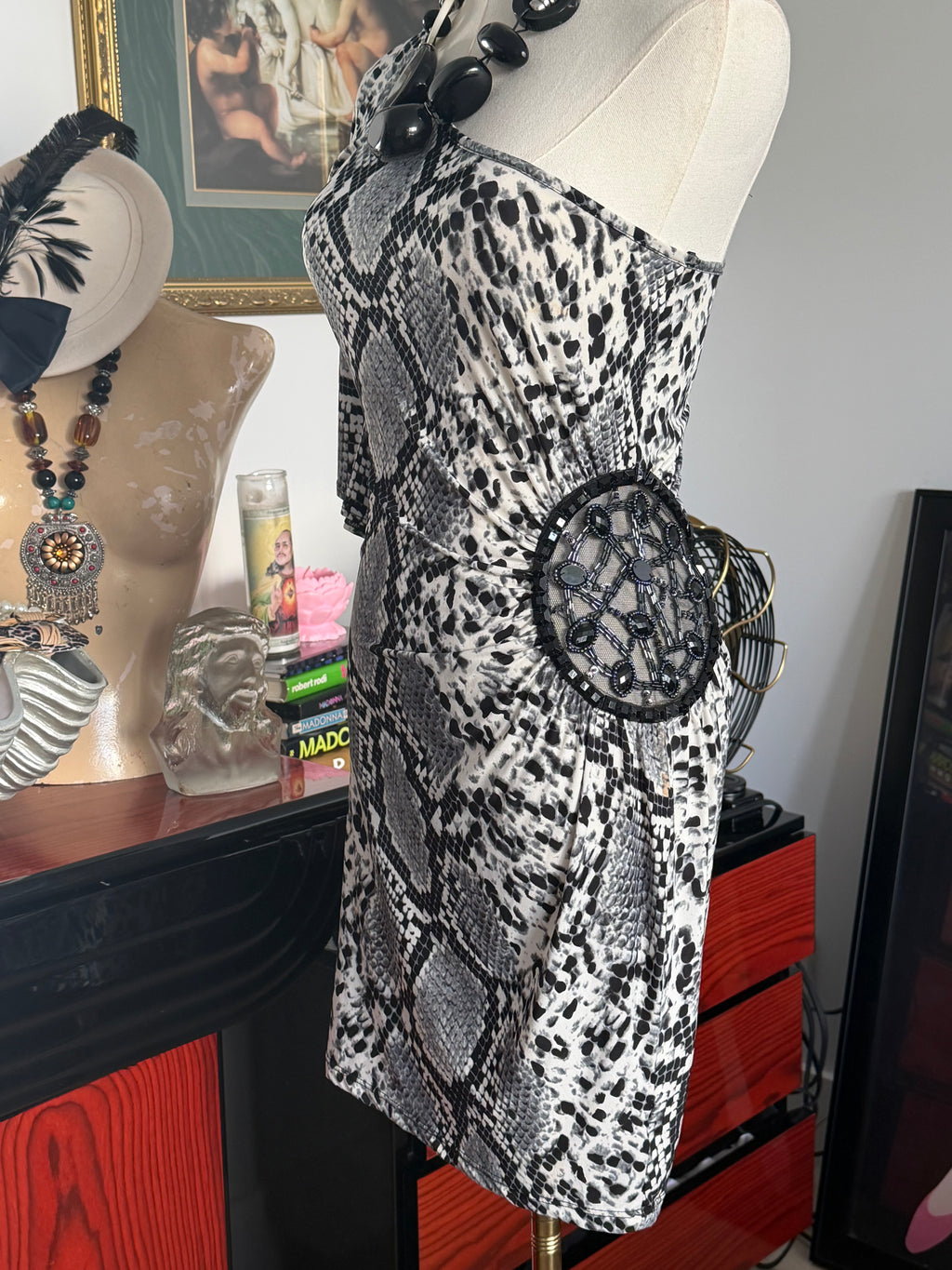 Vintage Y2K Snake Print One Shoulder Glam Dress – Made in USA