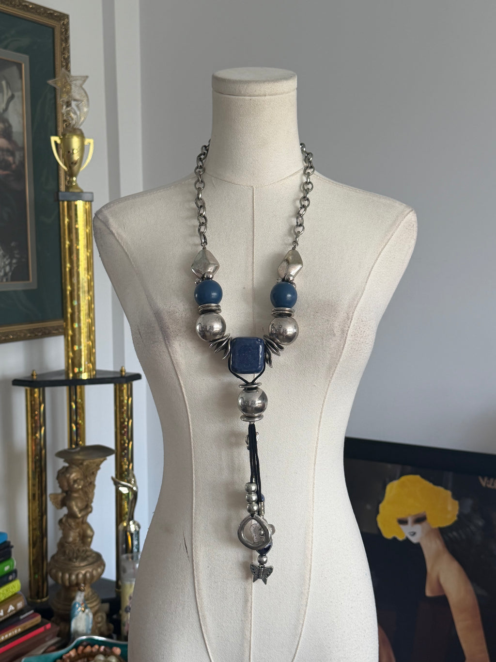 vintage blue silver statement necklace