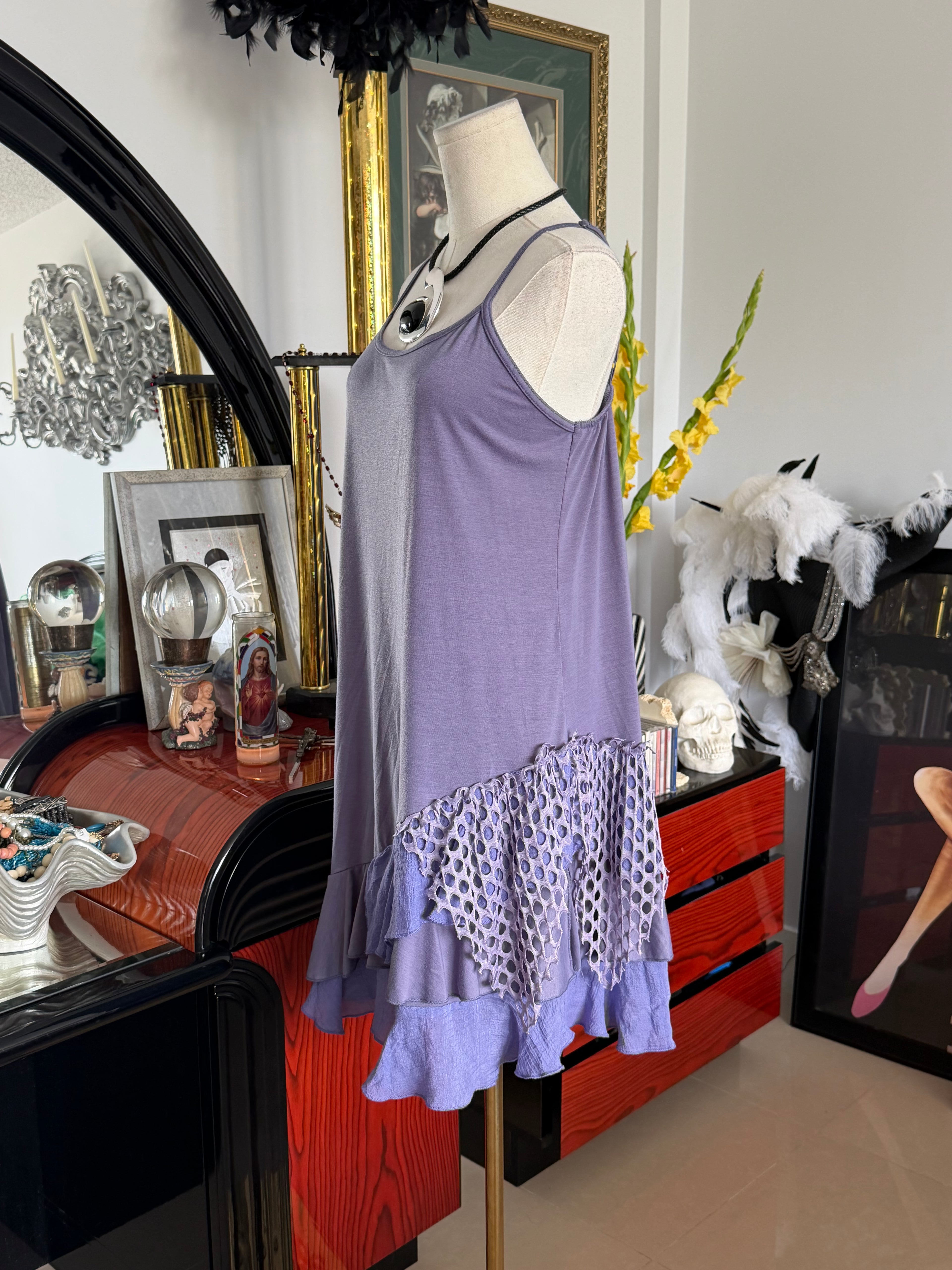 Simply Noelle Lavender Boho Ruffle Slip Dress with Crochet Detail