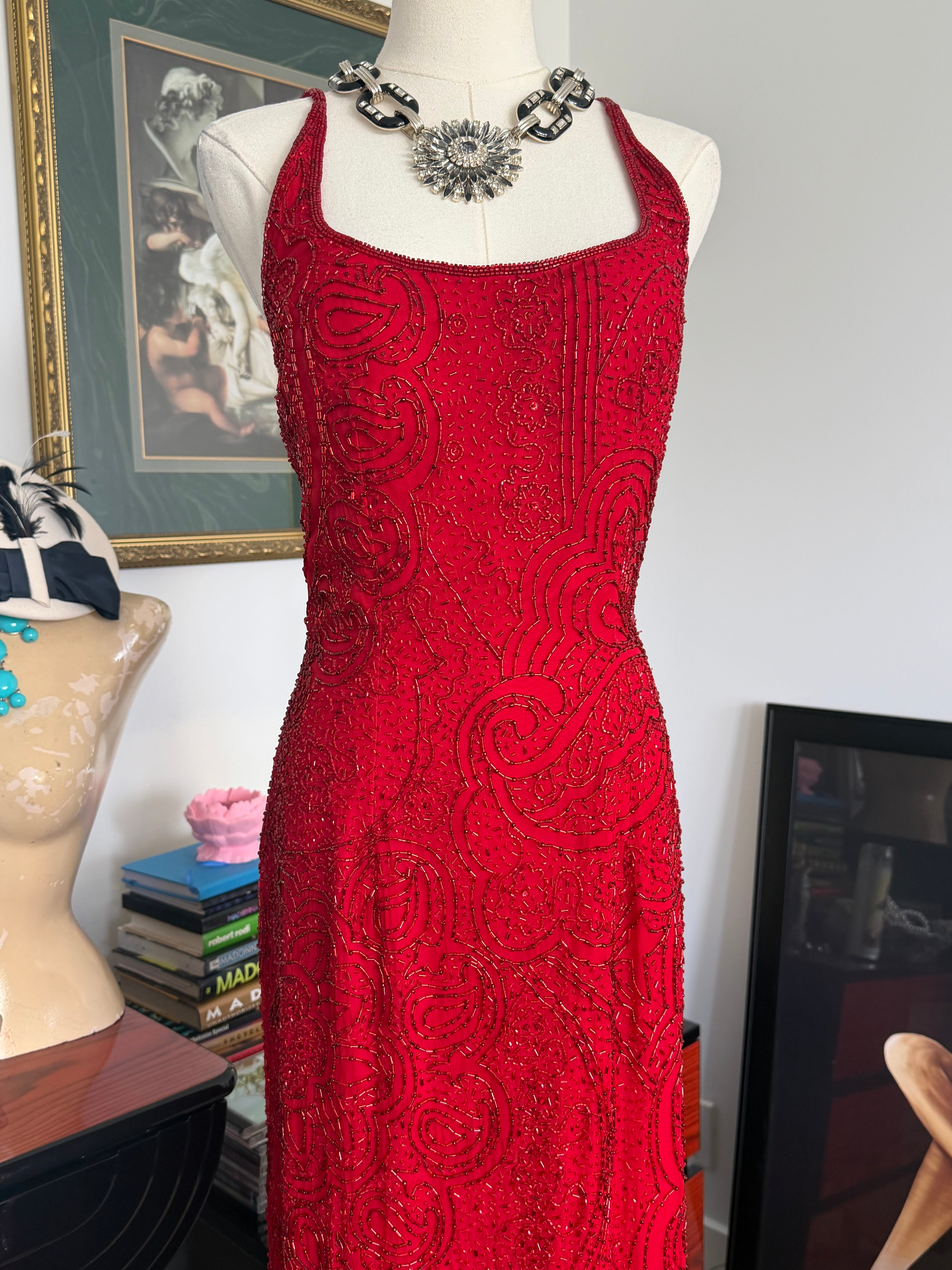 Vintage Cache Deadstock Fully Beaded Red Gown