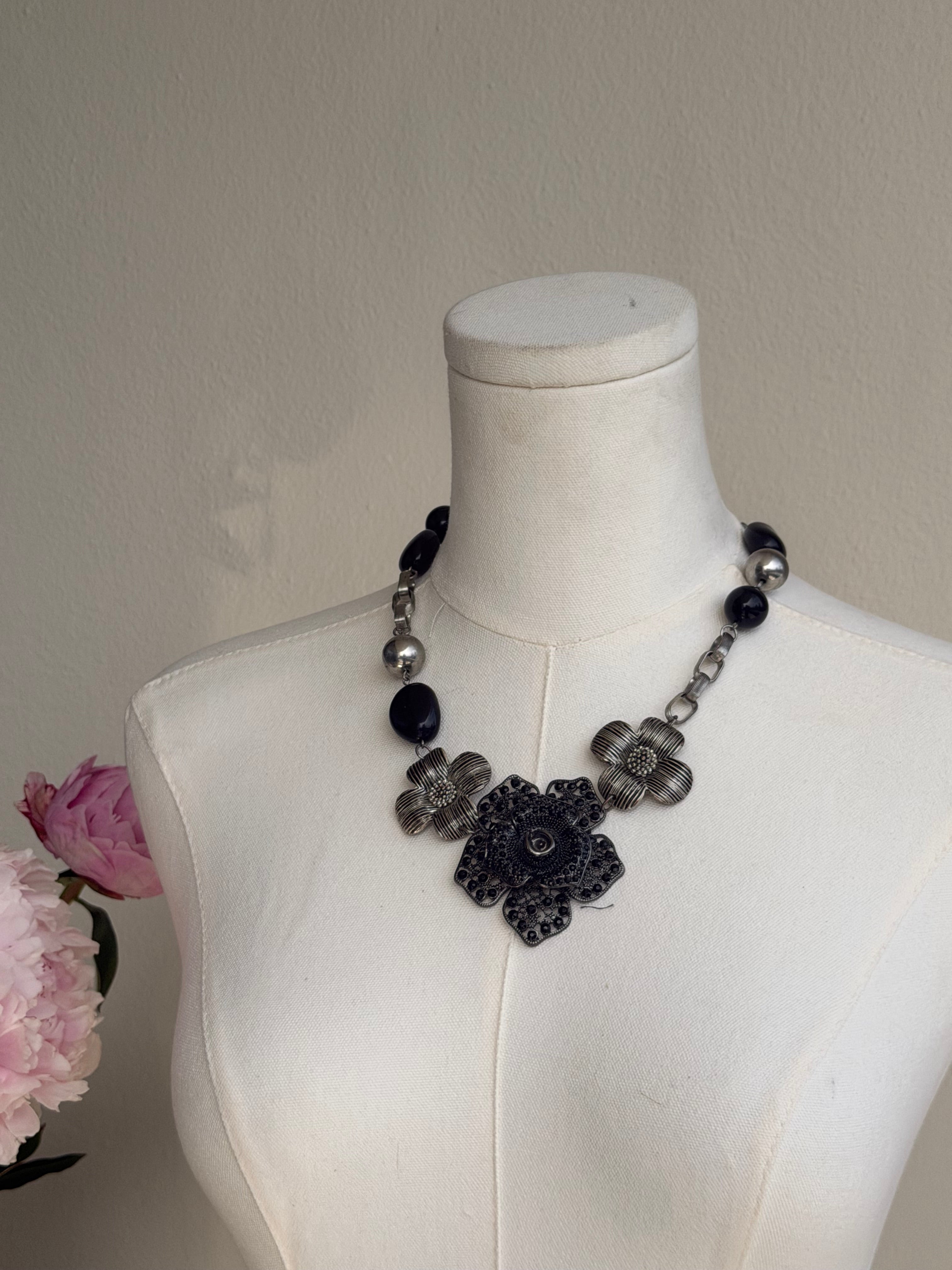 Black & Silver Floral Statement Necklace