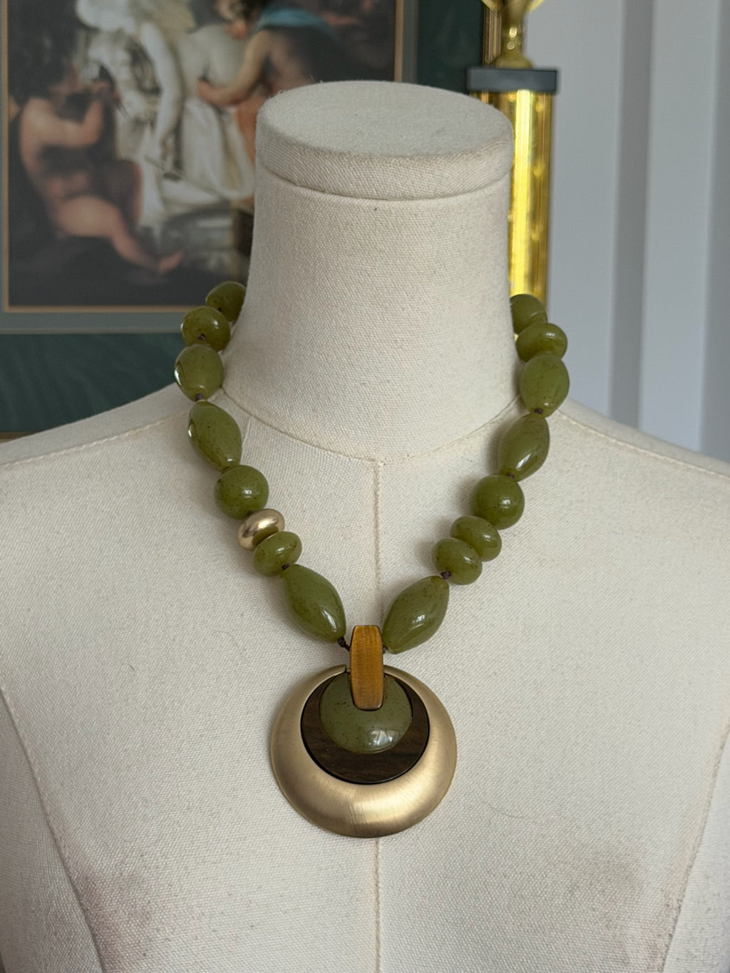Earthy olive green sculptural statement necklace