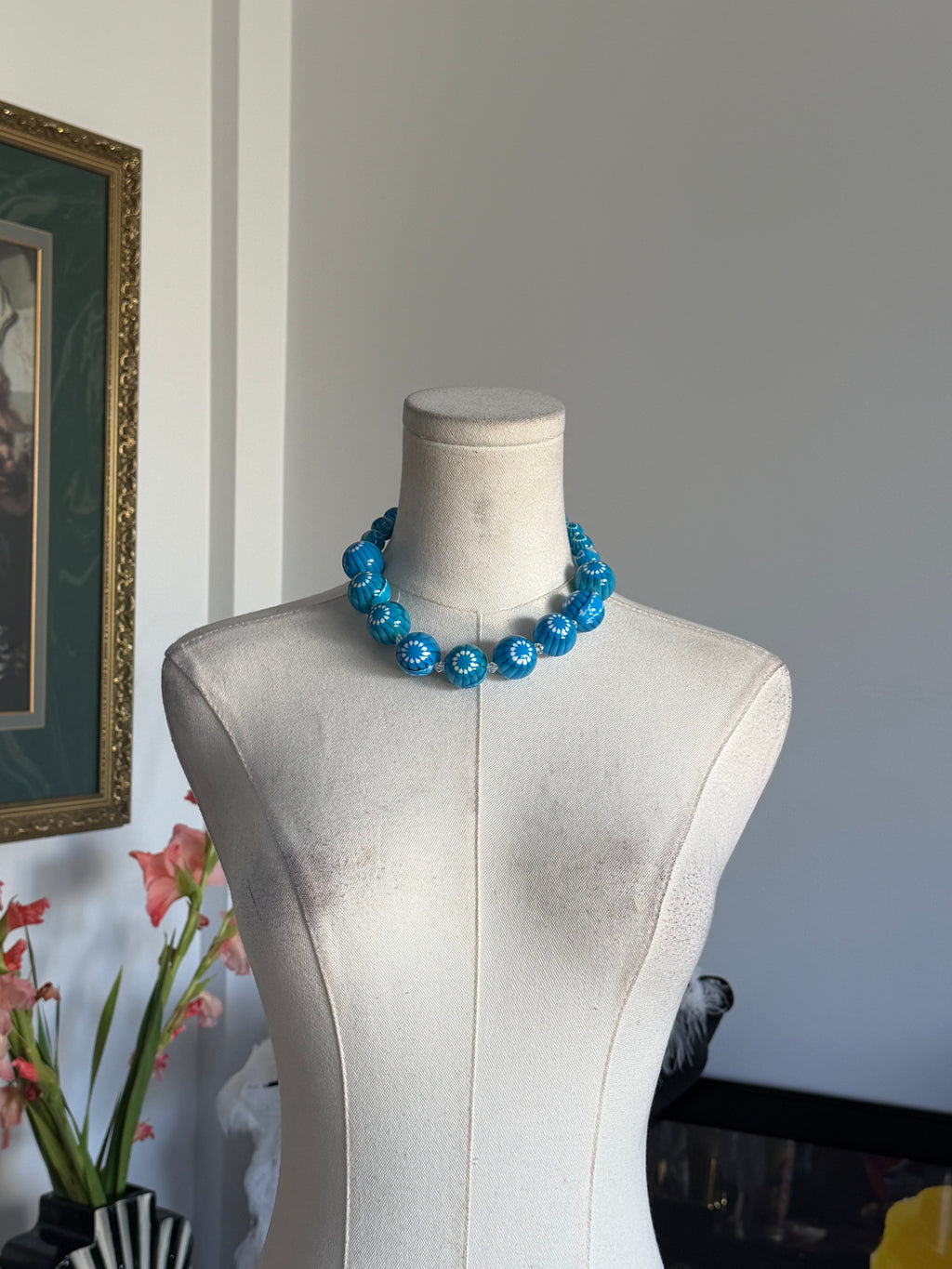 Blue Floral Beaded Statement Necklace
