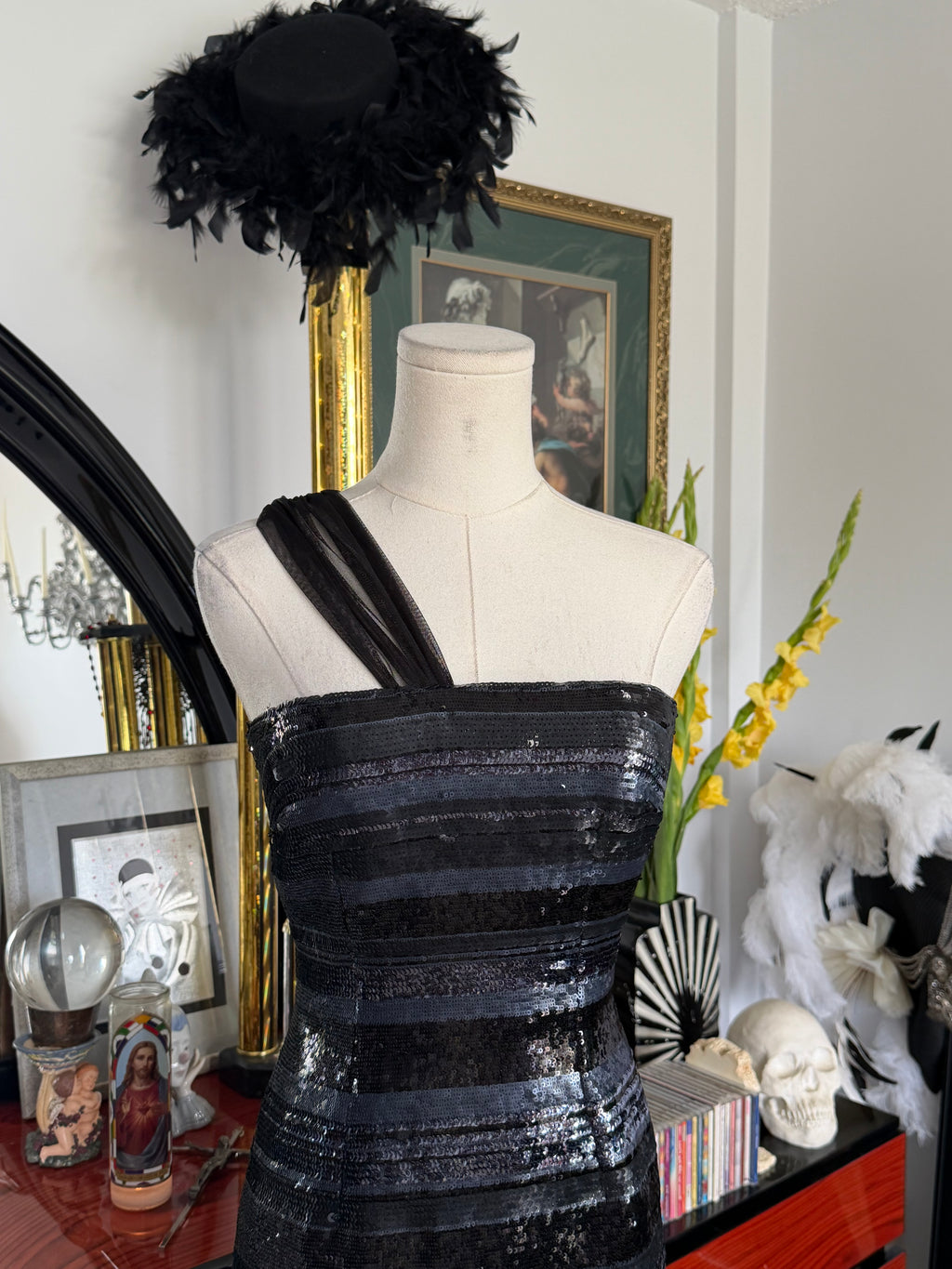BCBG Max Azria Black Sequin One-Shoulder Evening Gown