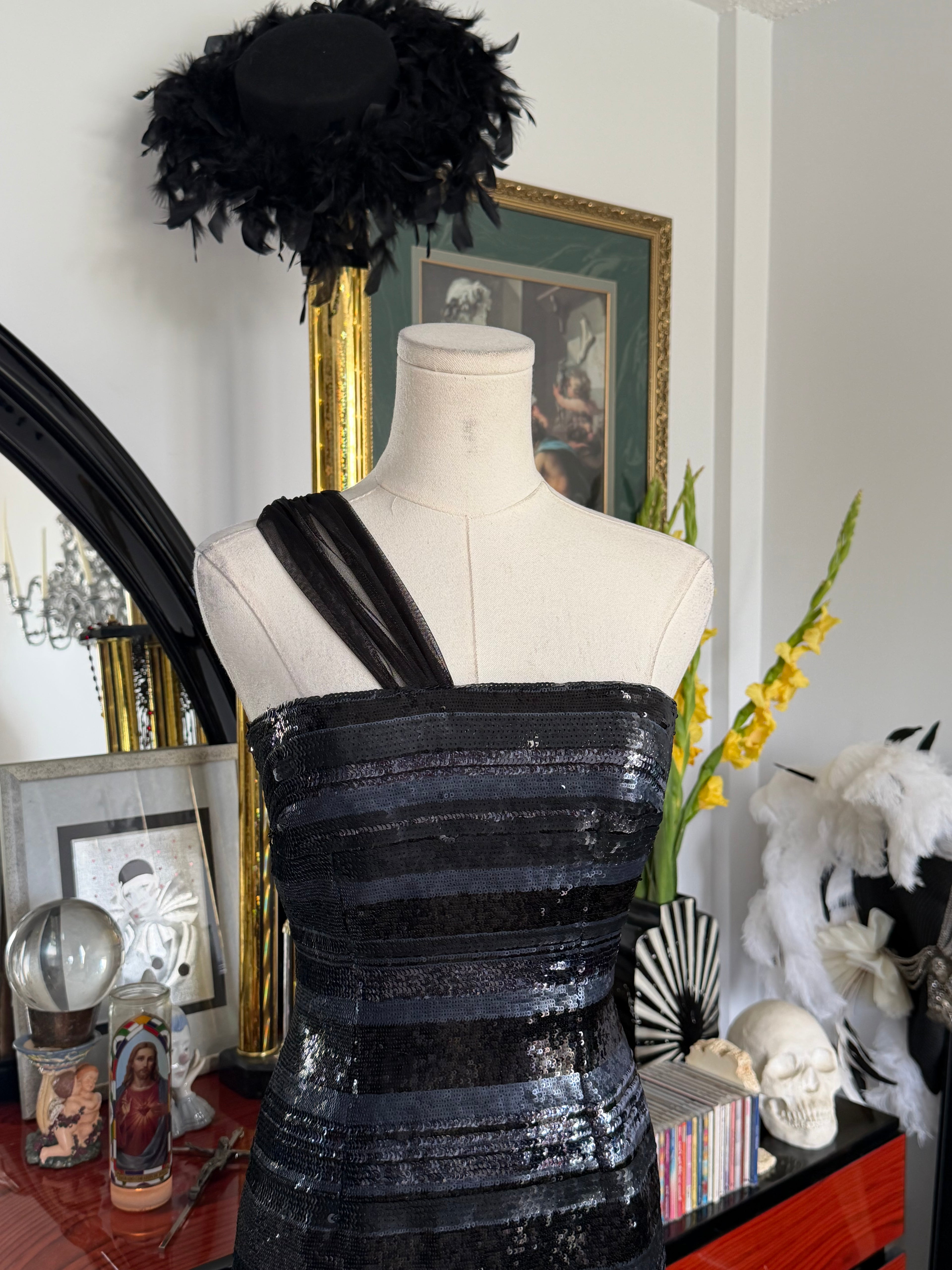 BCBG Max Azria Black Sequin One-Shoulder Evening Gown
