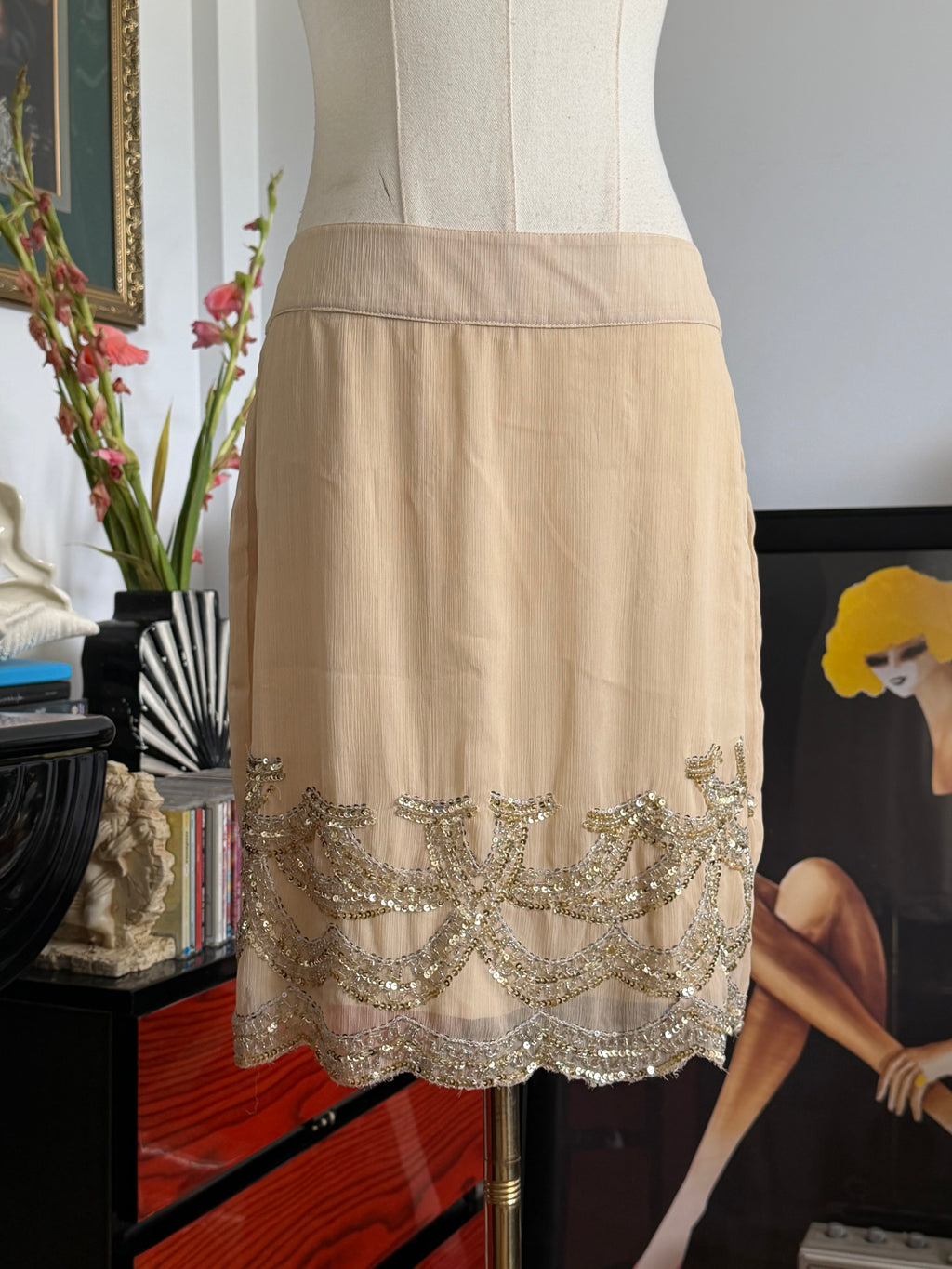 Champagne Beaded Chiffon Mini Skirt