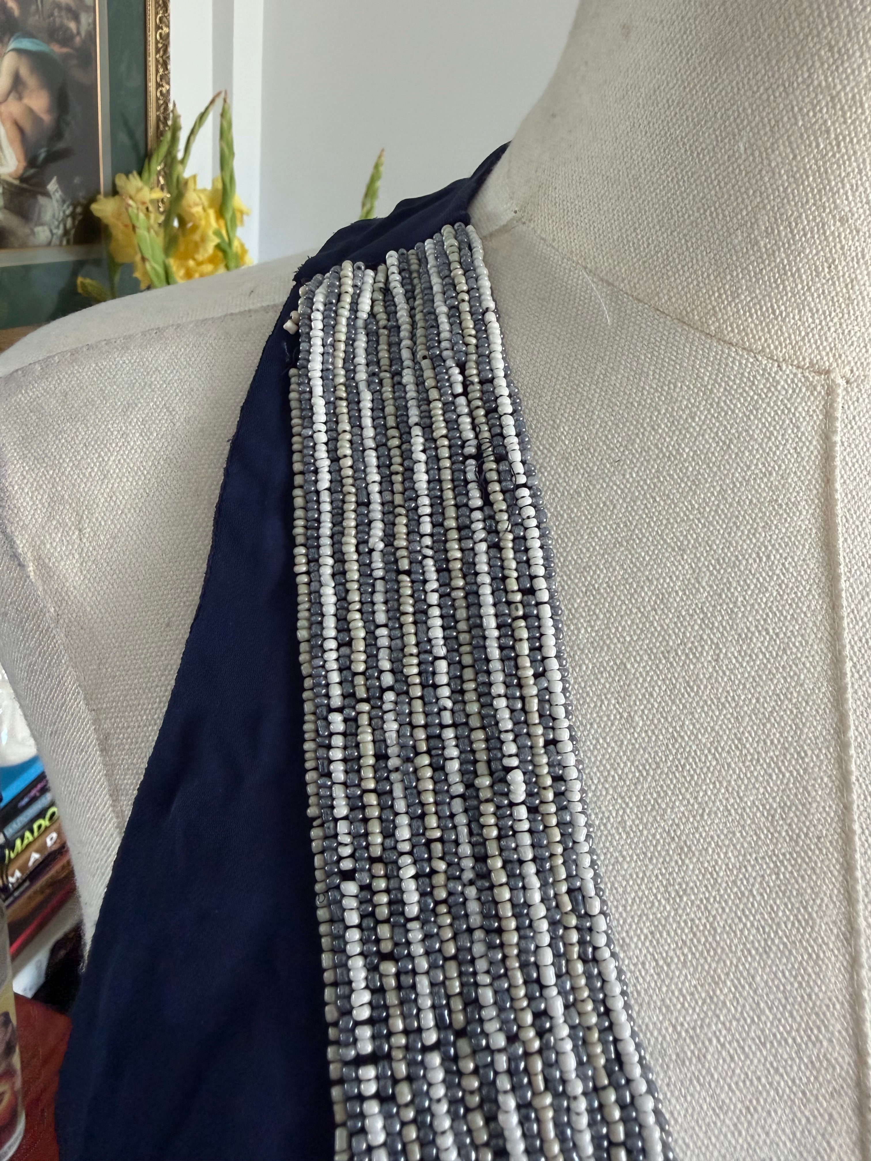 Parker Navy Beaded Silk-Feel Tank | Embellished Deep V Top | Size S