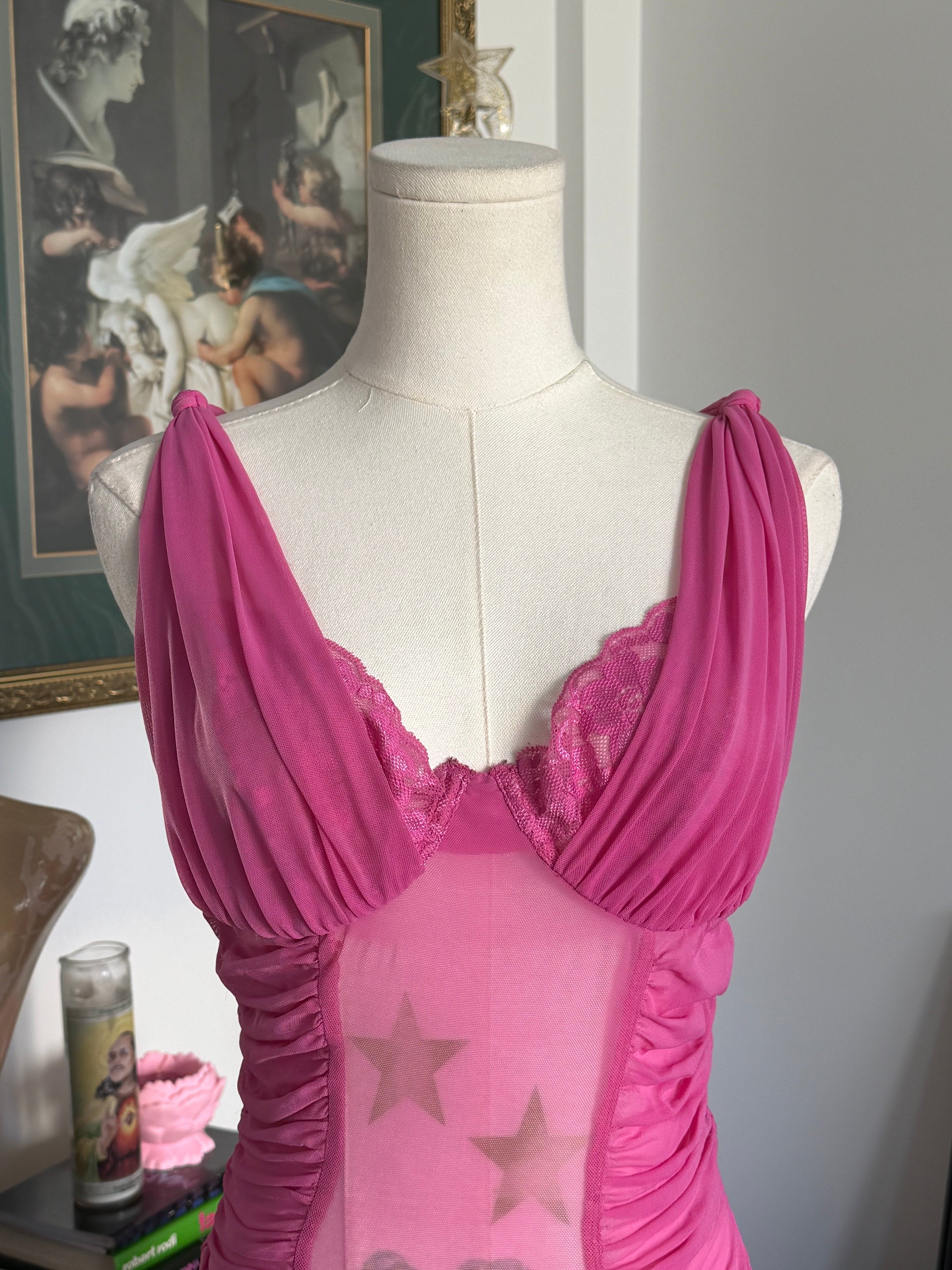 Frederick’s of Hollywood Pink Sheer Ruched Mini Dress xs- s