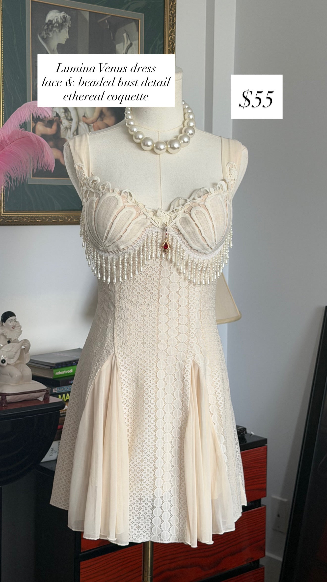 Cream Lace Angel Mini Dress Beaded Bust XL