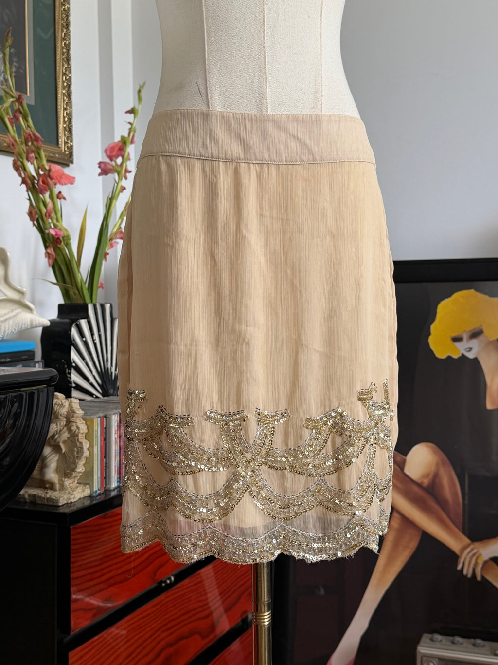 Champagne Beaded Chiffon Mini Skirt
