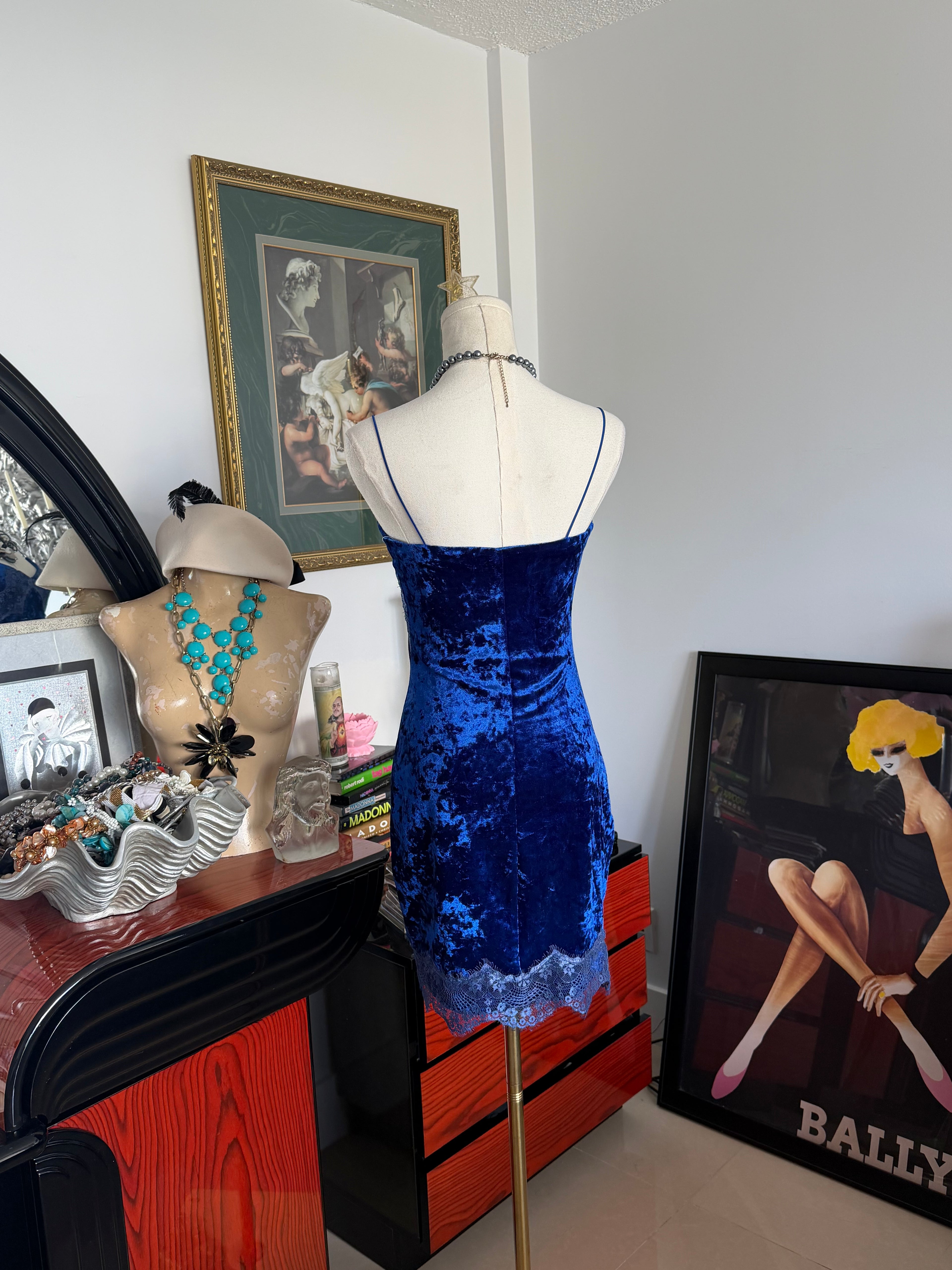 GUESS blue velvet lace slip - XS-S