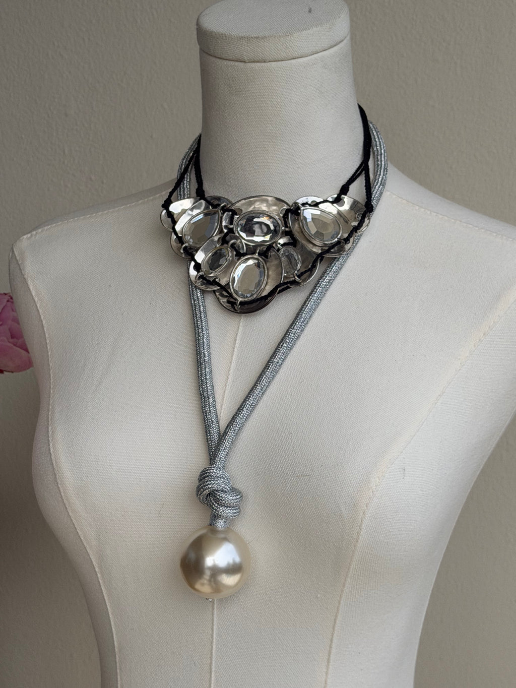 Silver Crystal Medallion Statement Choker