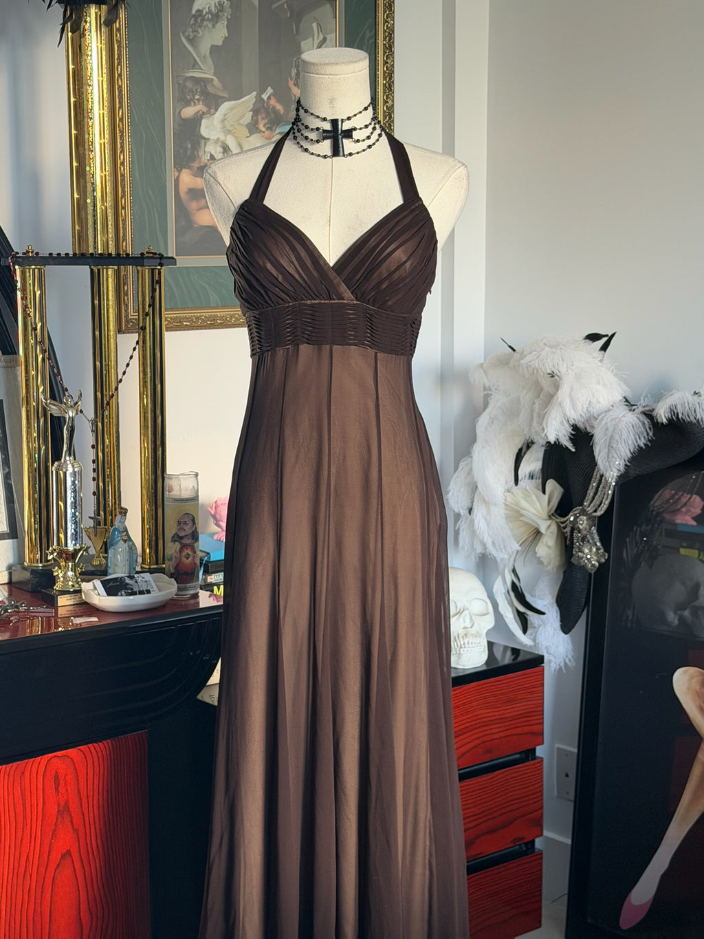 BCBGMAXAZRIA Chocolate Brown Sheer Halter Evening Gown – Y2K Empire Waist Maxi Dress
