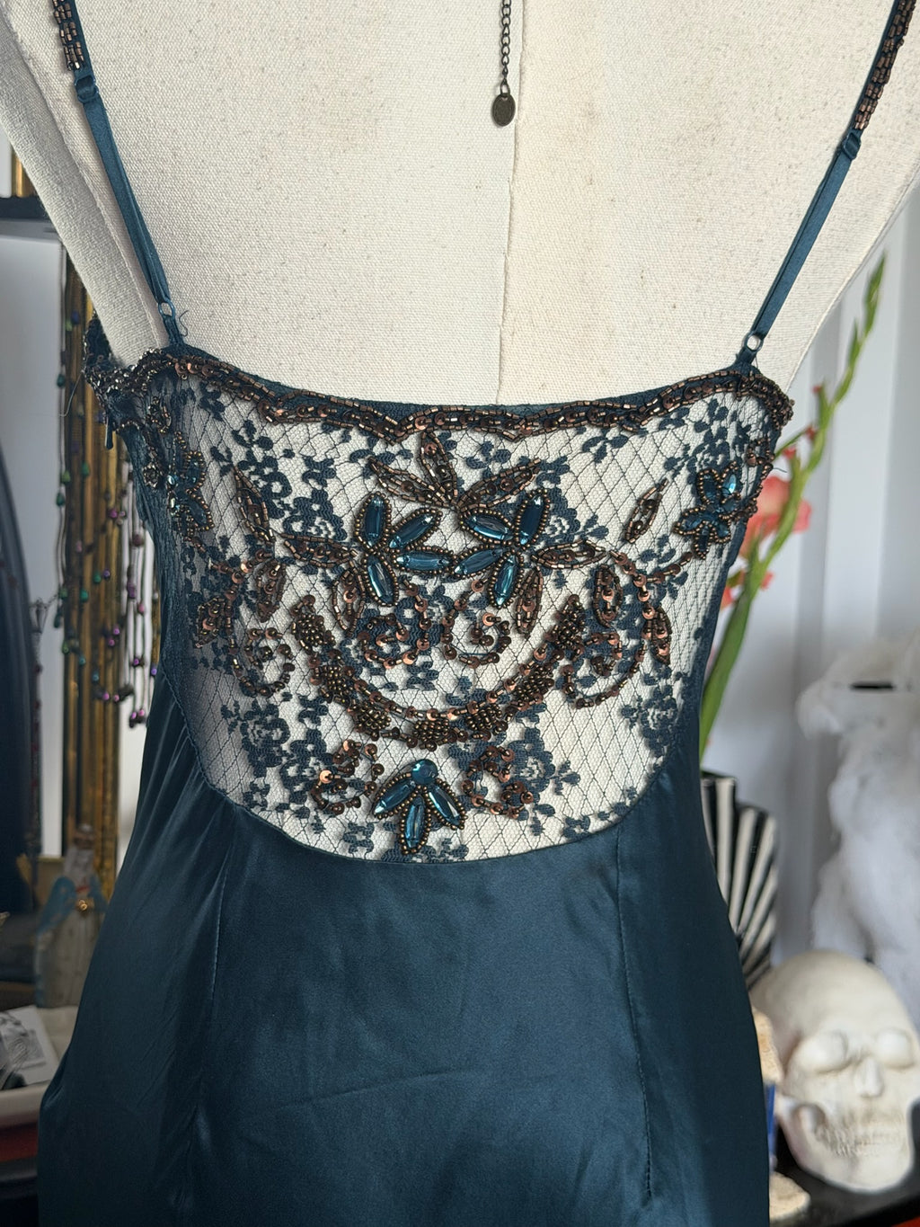 Cache Teal Beaded Lace Slip Dress 2