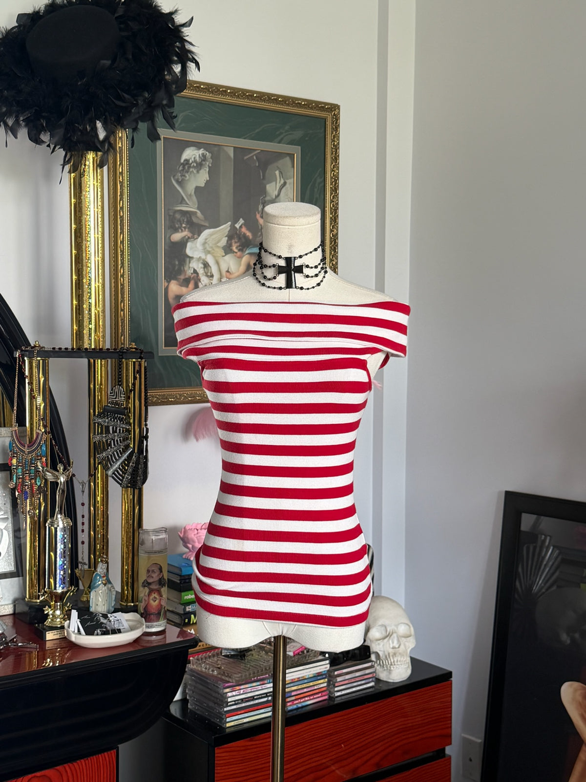 Banana Republic Red & White Off-the-Shoulder Knit Top | French Riviera Stripe | XS