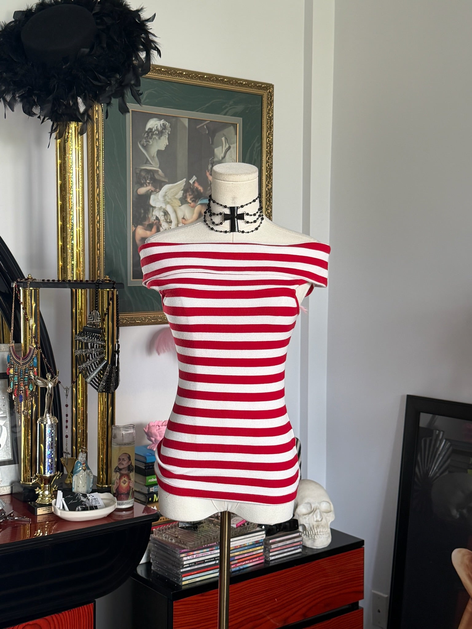 Banana Republic Red & White Off-the-Shoulder Knit Top | French Riviera Stripe | XS