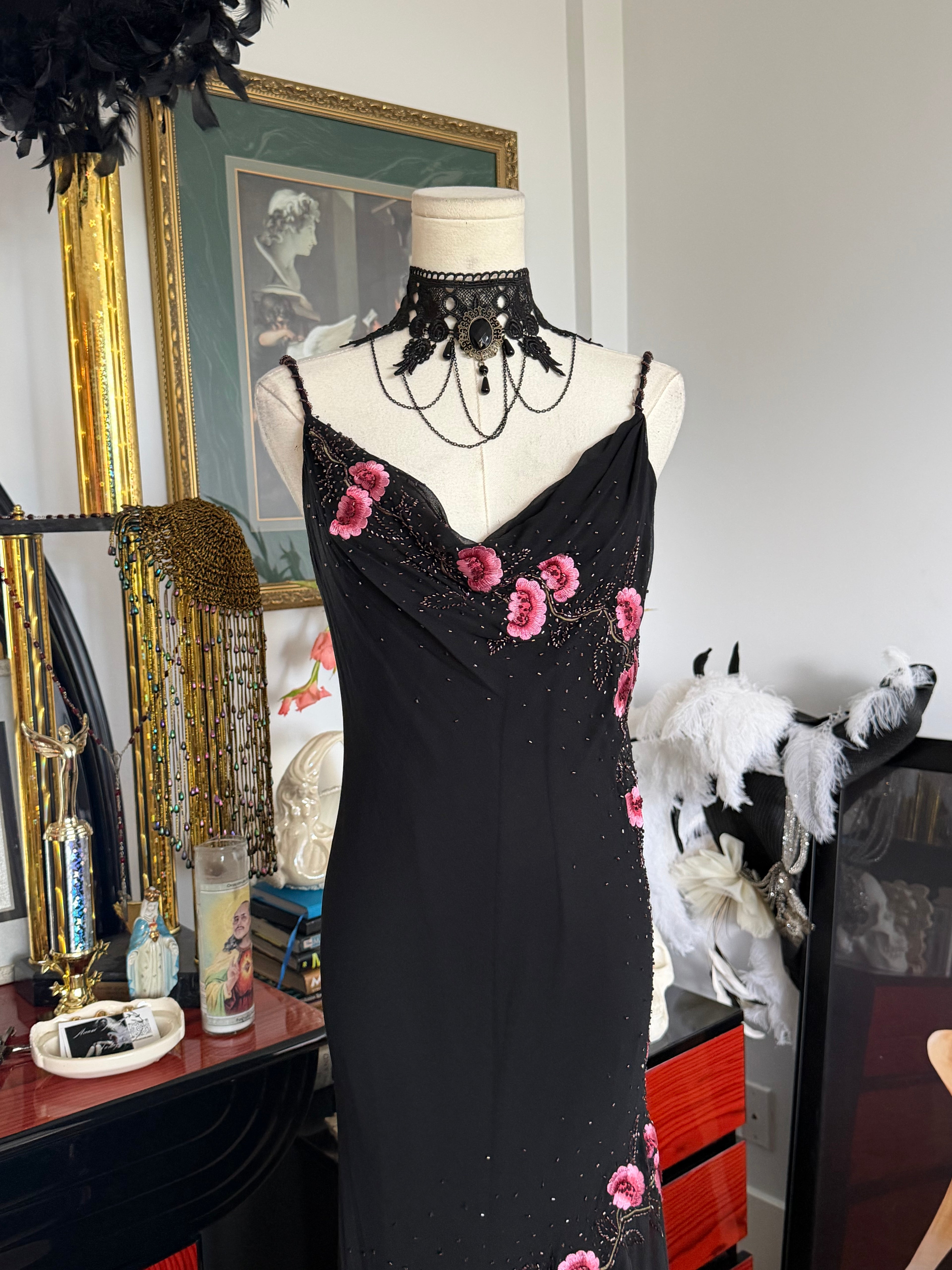 Vintage XSCAPE 100% Silk Black Pink Floral Beaded Gown